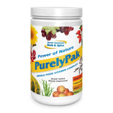 Purely Pak dans sa bouteille montrant des vitamines issues d’aliments complets pour un apport quotidien.
