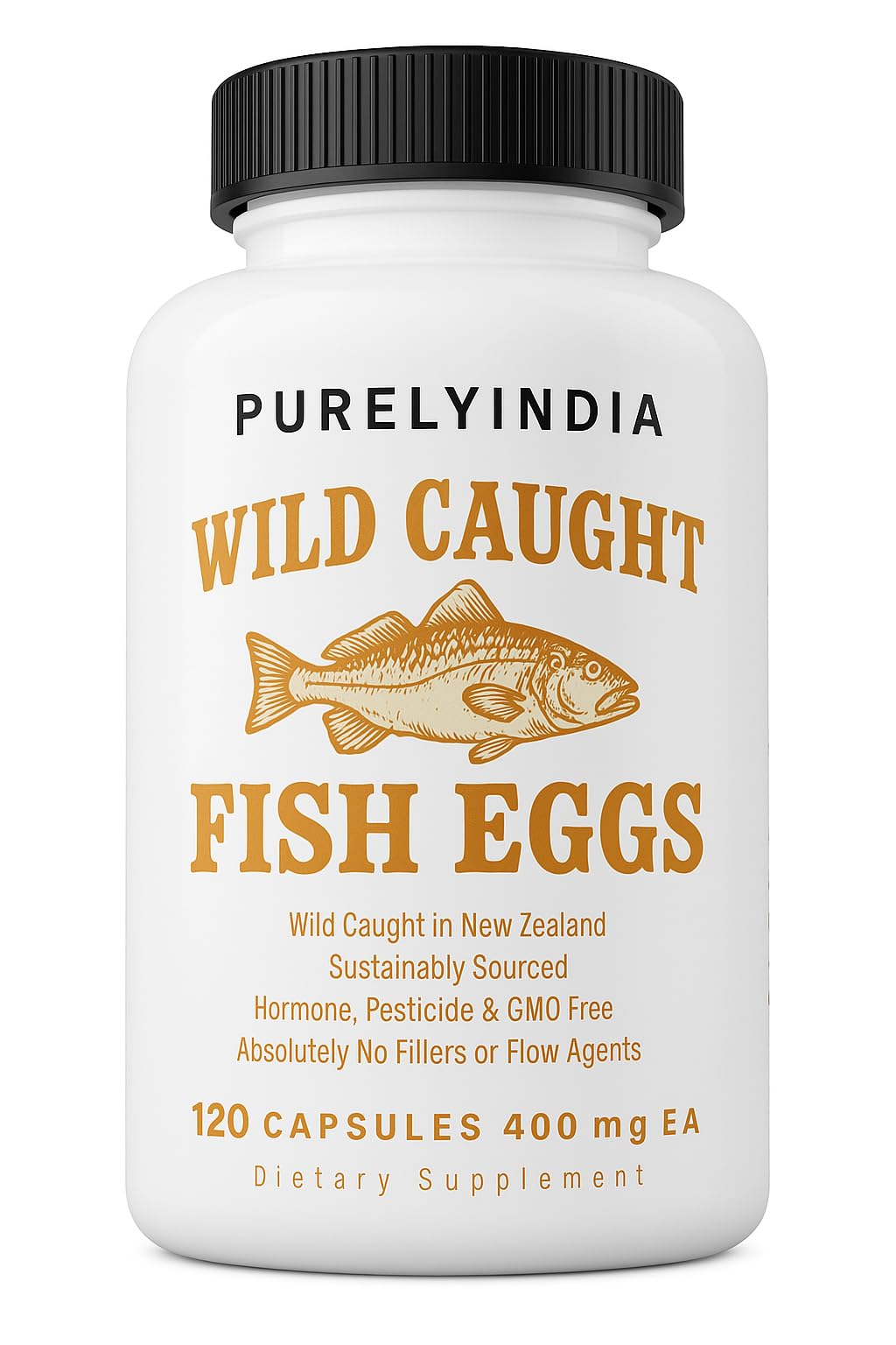 Purelyindia œufs de poisson sauvage en capsules, soutien potentiel du cœur et du cerveau.
