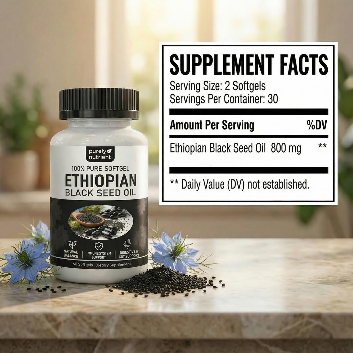 PURELYNUTRIENT huile de nigelle éthiopienne, presse-froid pour conserver les qualités.