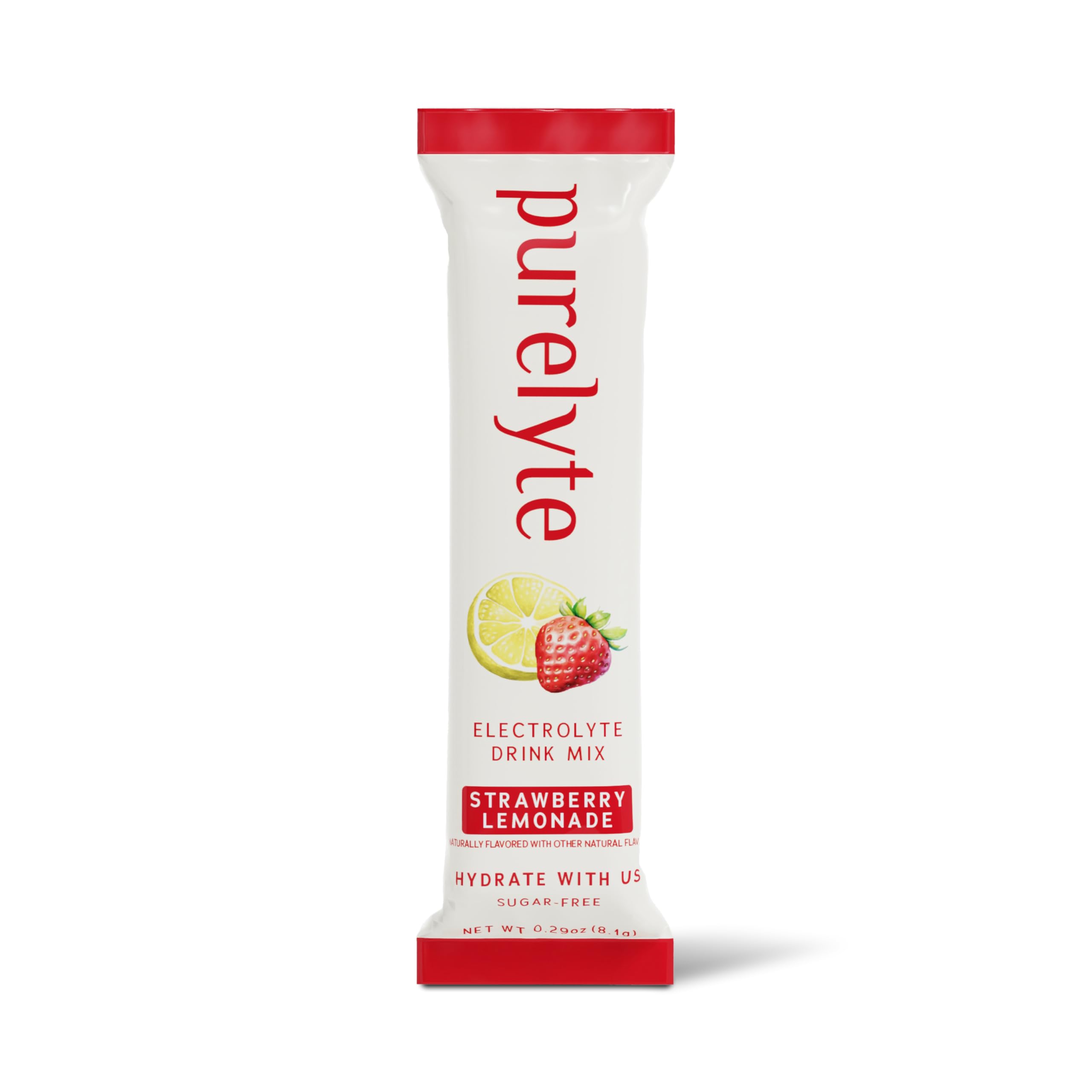 Verre avec Purelyte Fraise Citronnade, boisson rafraîchissante et sans sucre.