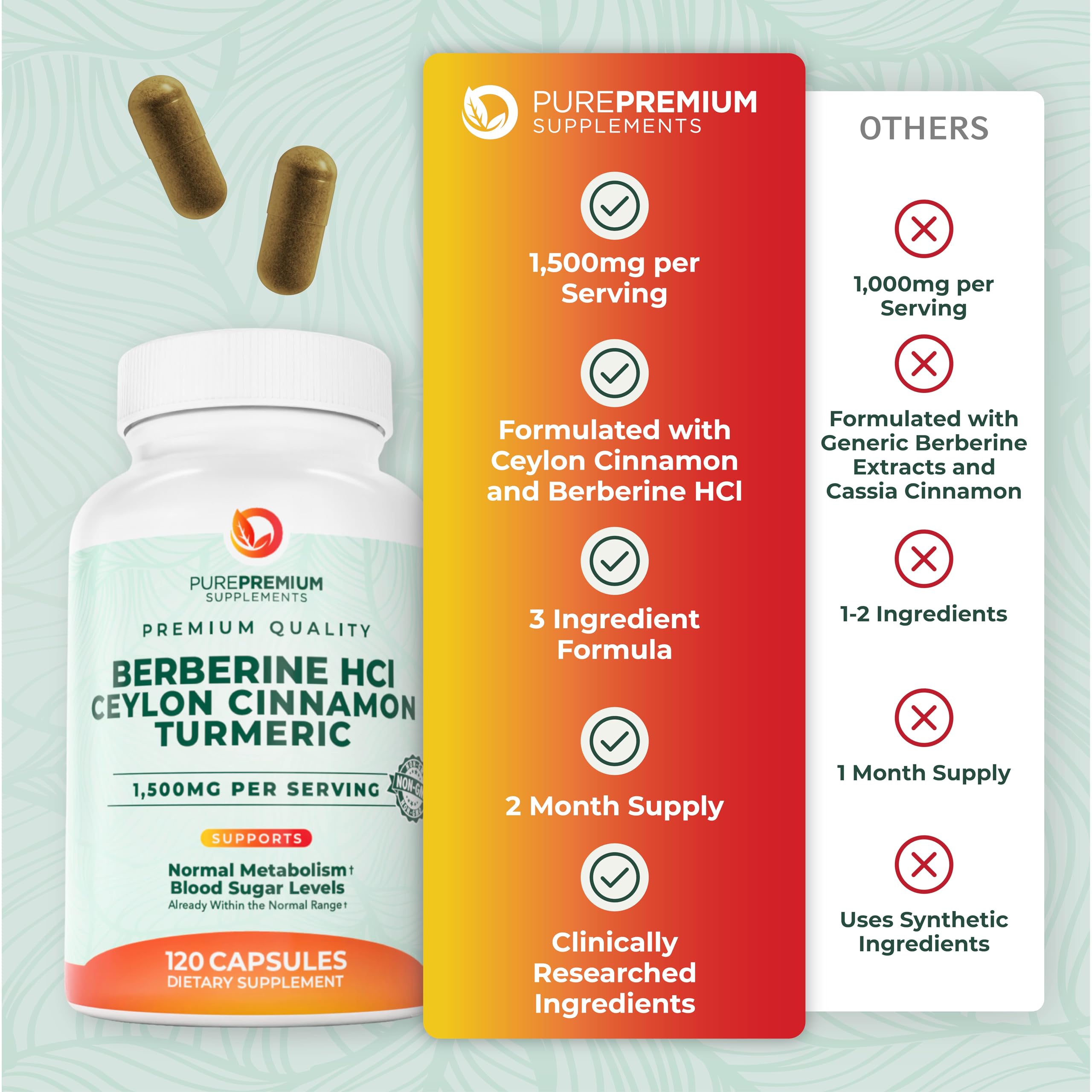 PurePremium Berberine Cinnamon Complex, usage quotidien recommandé, capsules faciles à avaler pour un mode de vie actif.