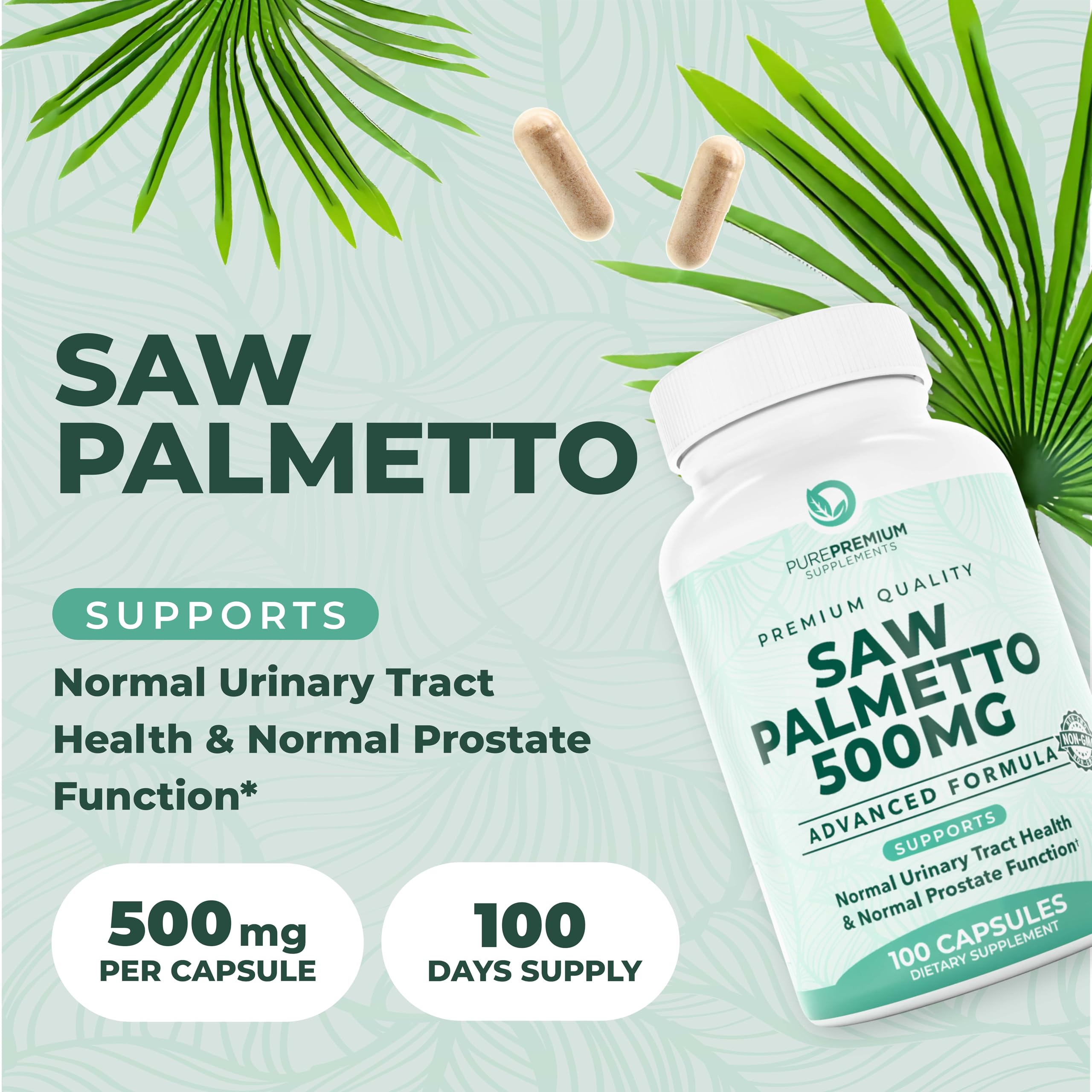 PurePremium Saw Palmetto bouteille 500mg: format pratique pour la routine quotidienne.