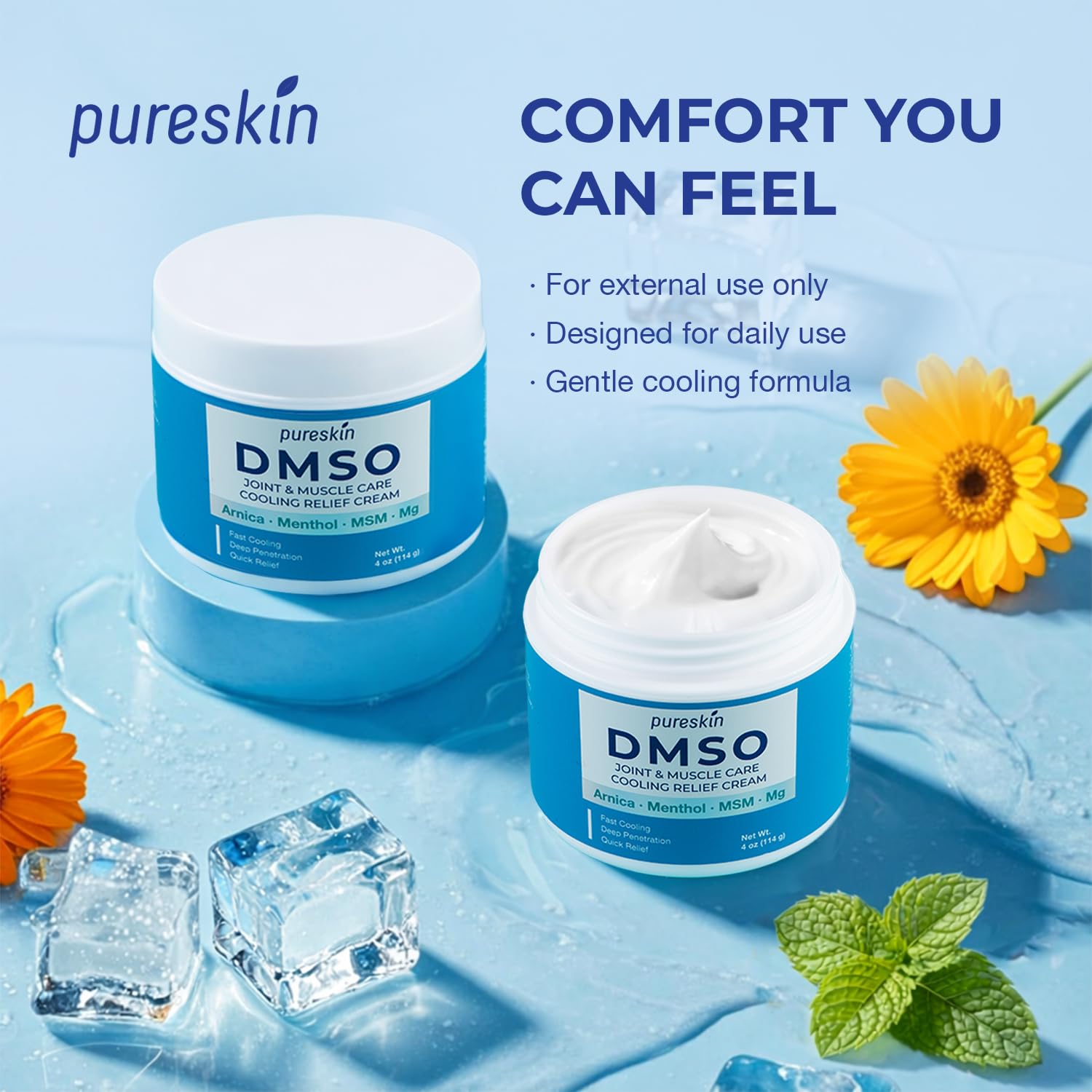 PURESKIN DMSO Crème — texture légère qui pénètre rapidement sans gras.