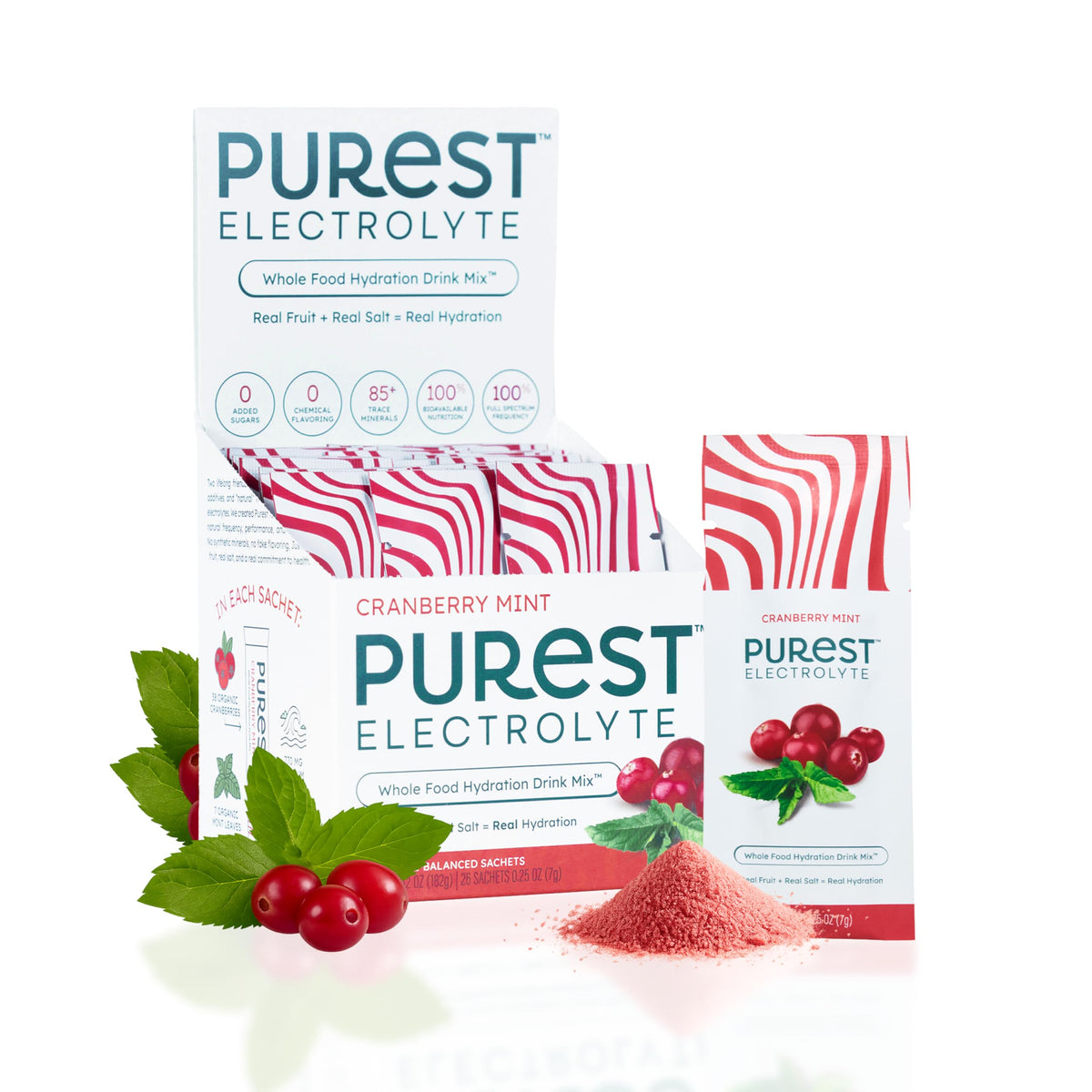 Purest Electrolyte pochettes hydratation canneberge menthe pour une boisson saine après l'effort.