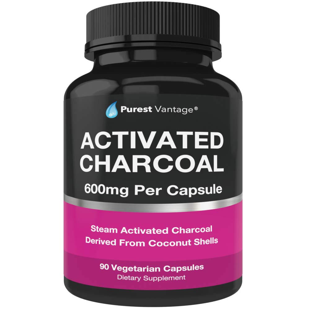 Purest Vantage Charbon actif en bouteille 600 mg, pratique à emporter.