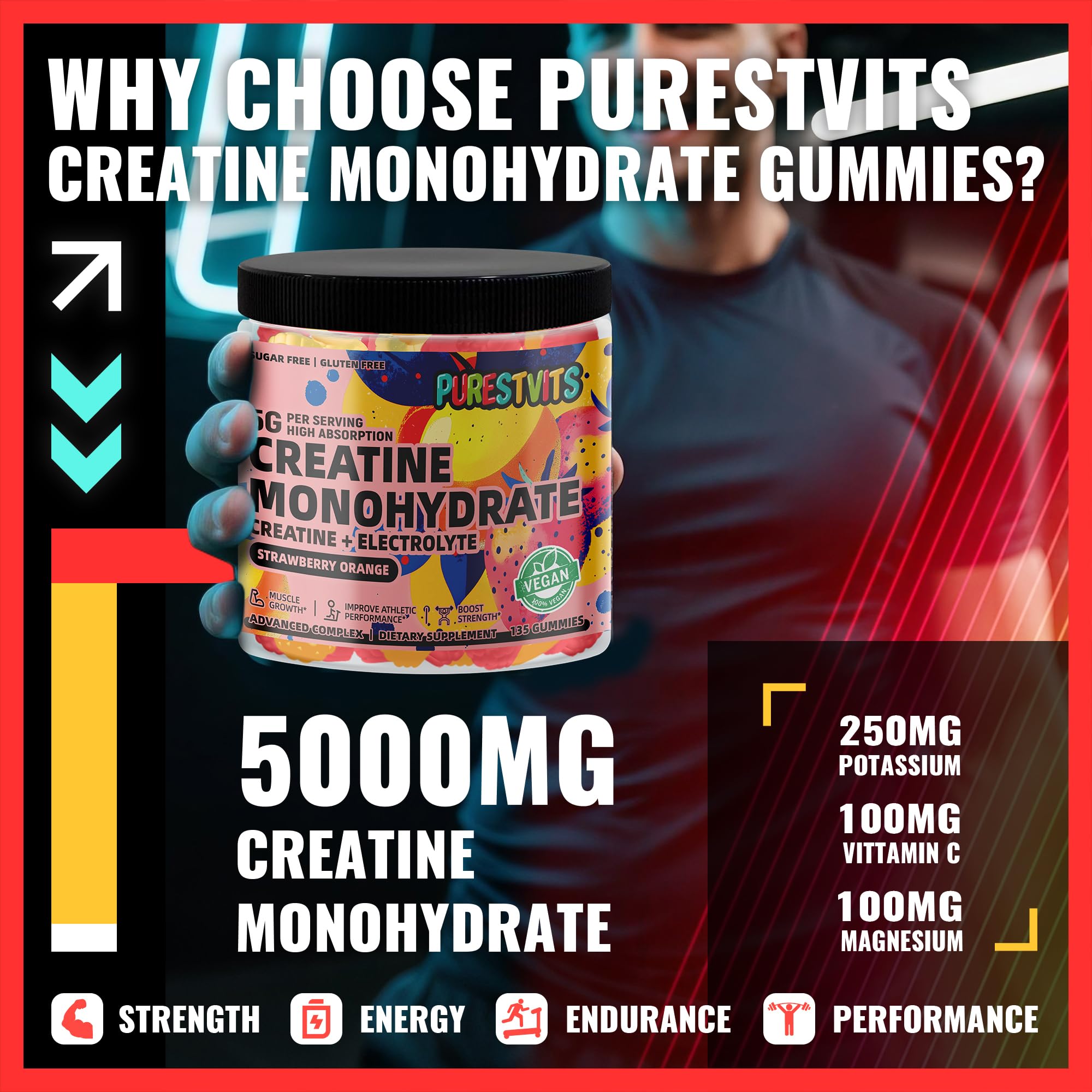 PURESTVITS gommes créatine — trois gommes par portion, usage pratique.