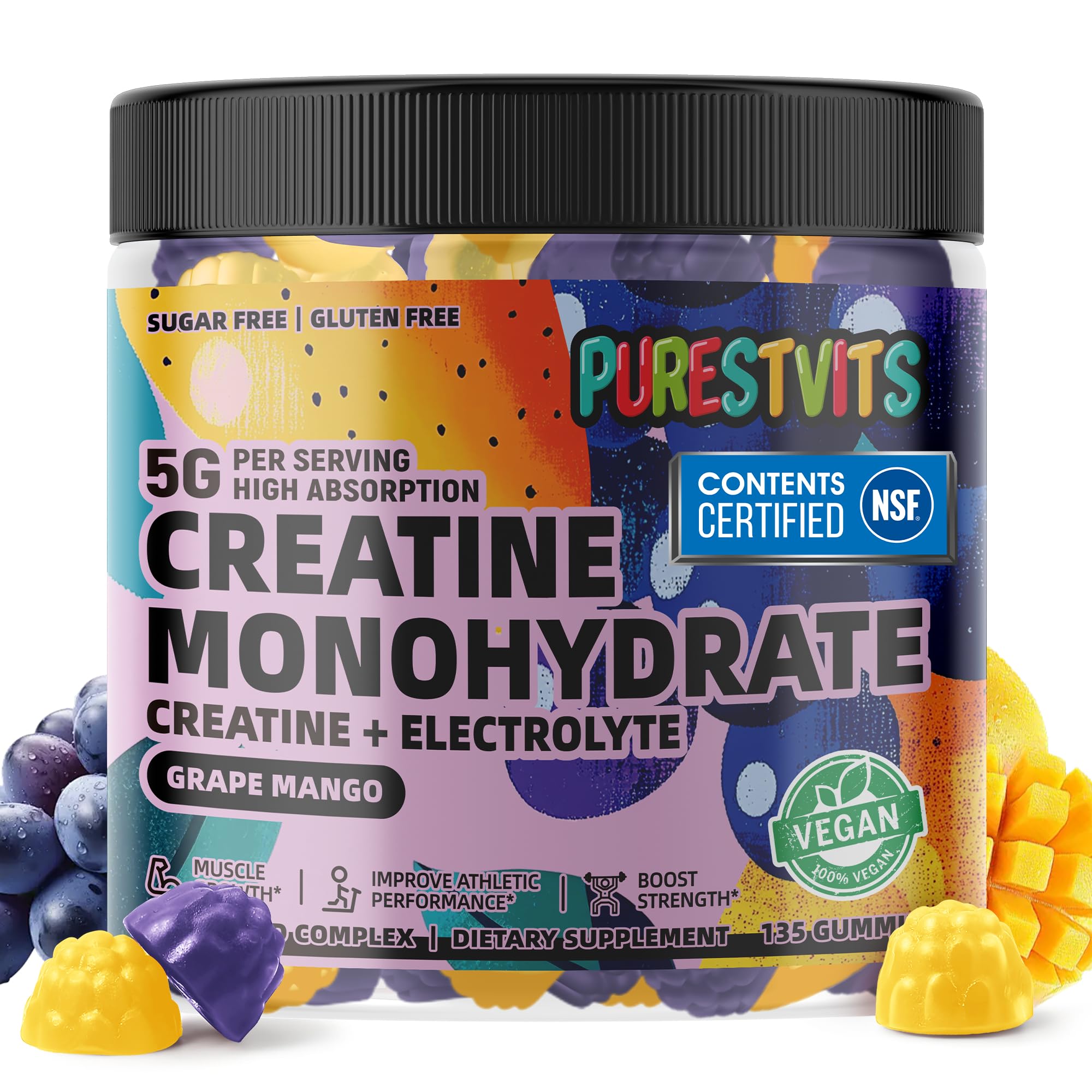 Gommes PURESTVITS Creatine Monohydrate, bouteille visible, soutien pratique à l'entraînement quotidien.