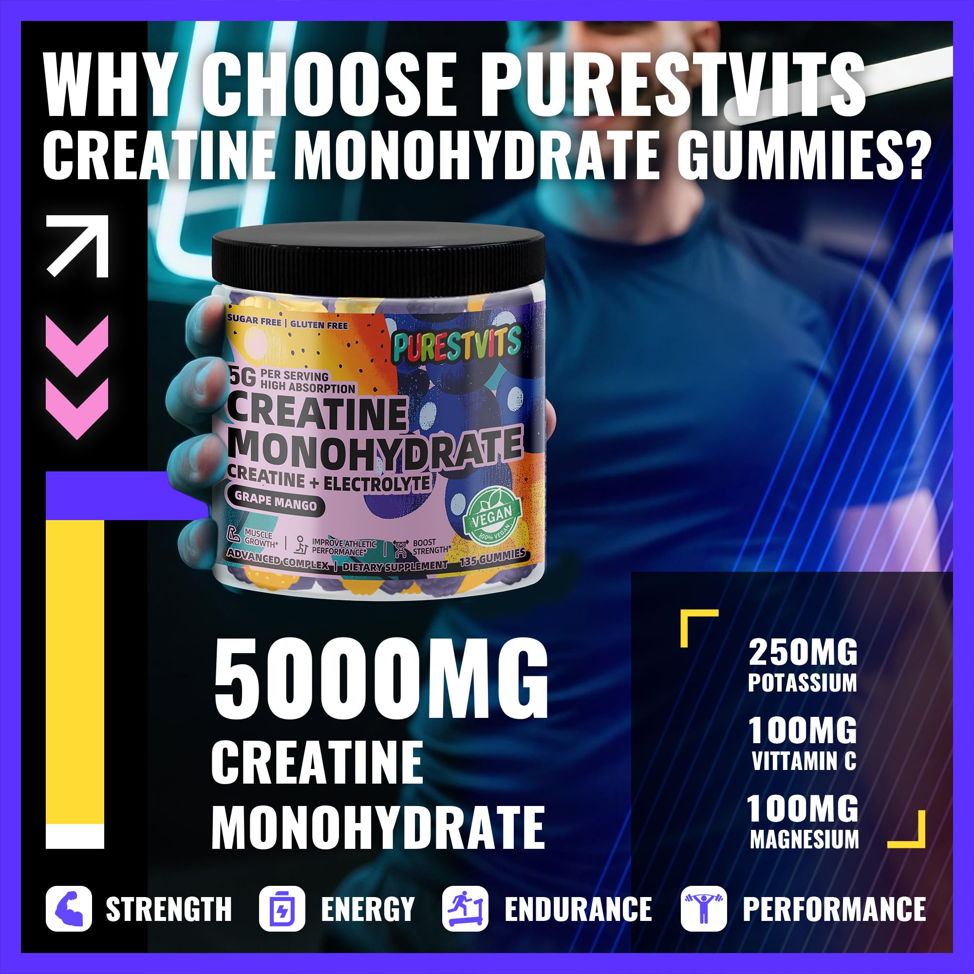 Gommes PURESTVITS Creatine Monohydrate, emballage refermable facilitant la conservation.