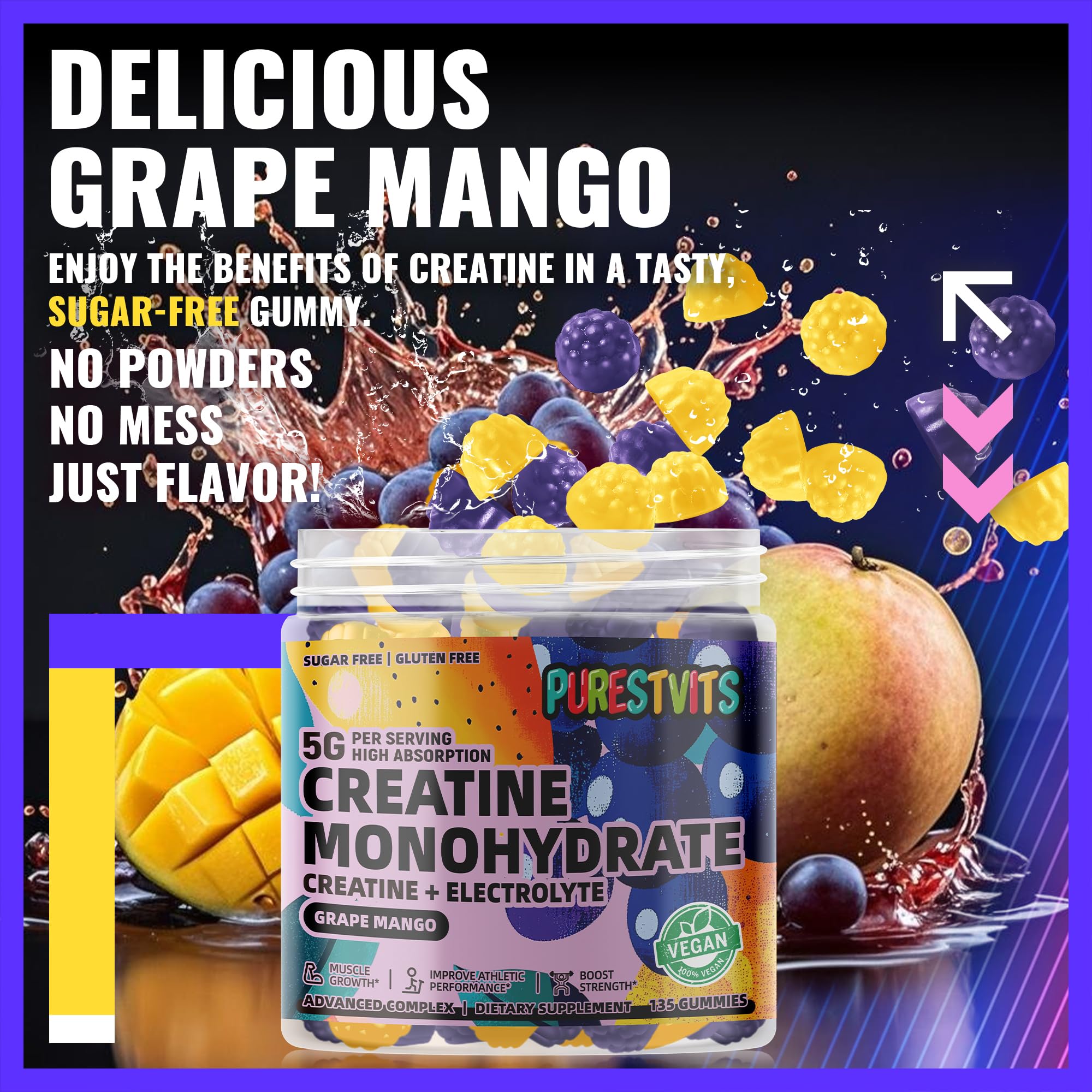 Gommes PURESTVITS Creatine Monohydrate, texture lisse agréable en bouche.