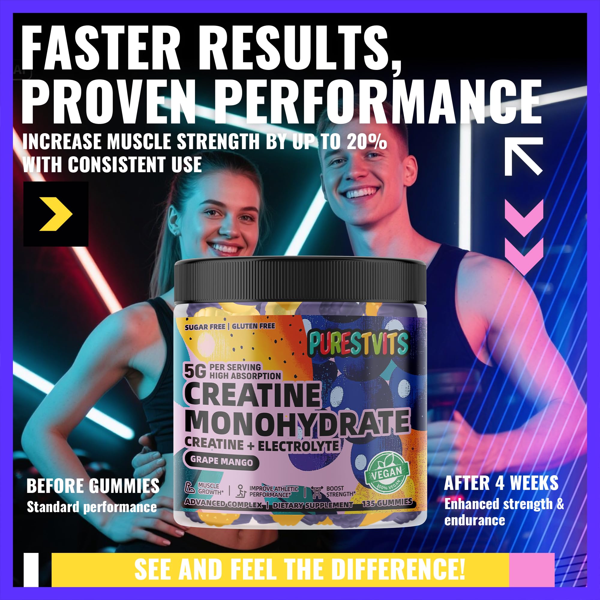Gommes PURESTVITS Creatine Monohydrate, faciles à emporter pendant le sport ou le travail.