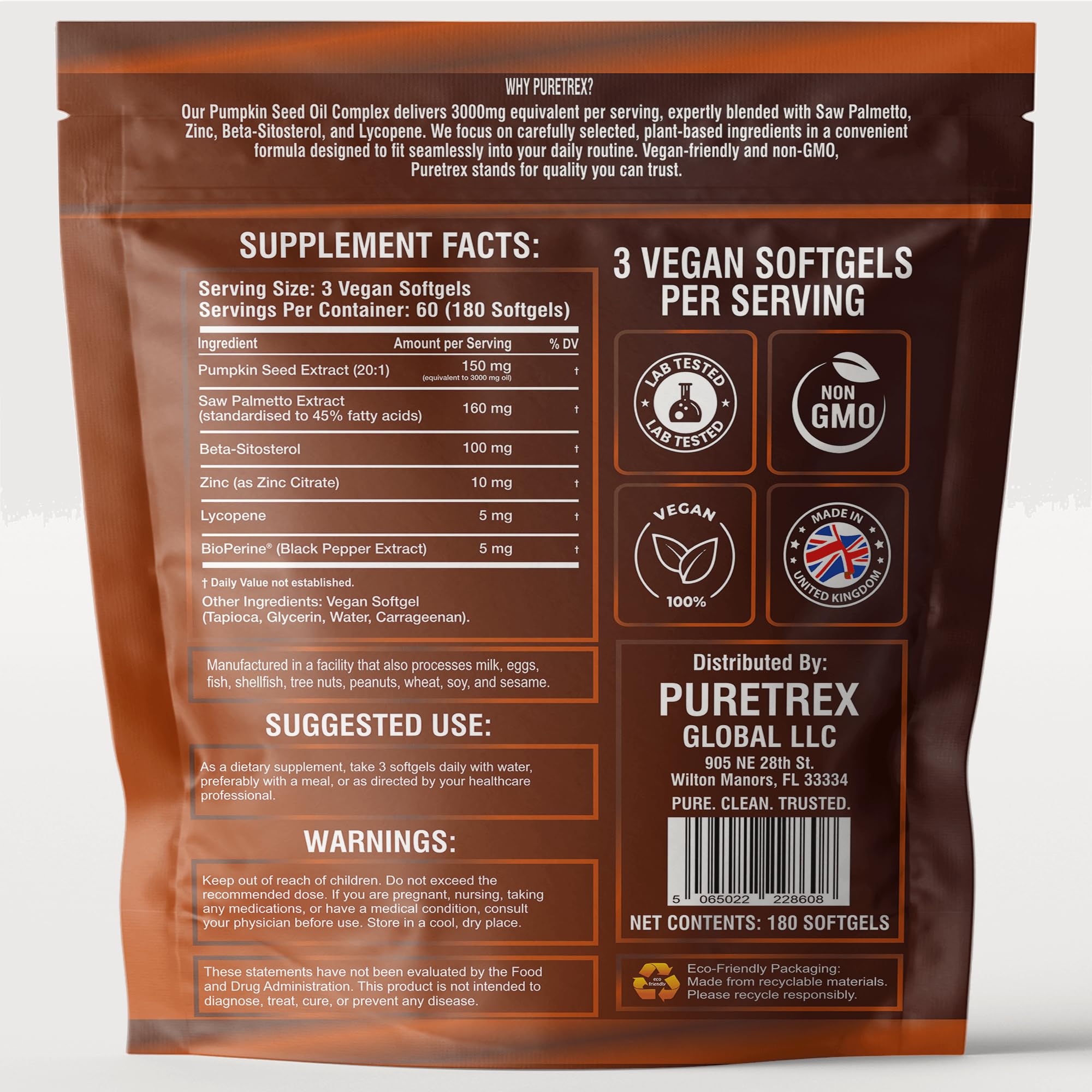 PURETREX Etiquette du produit – informations sur les ingredients et le veganisme.