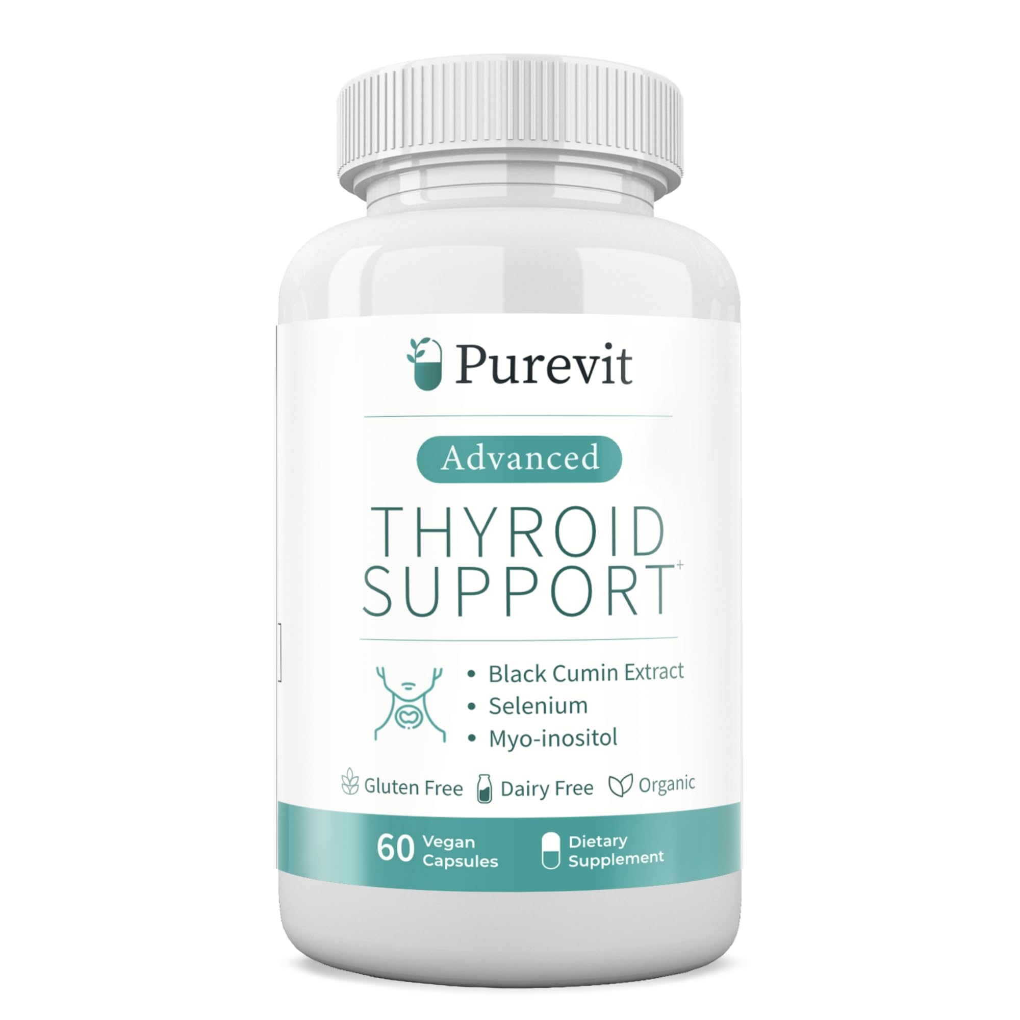 Purevit Thyroid Support – bouteille affichée, soutien thyroïdien quotidien sans iode.