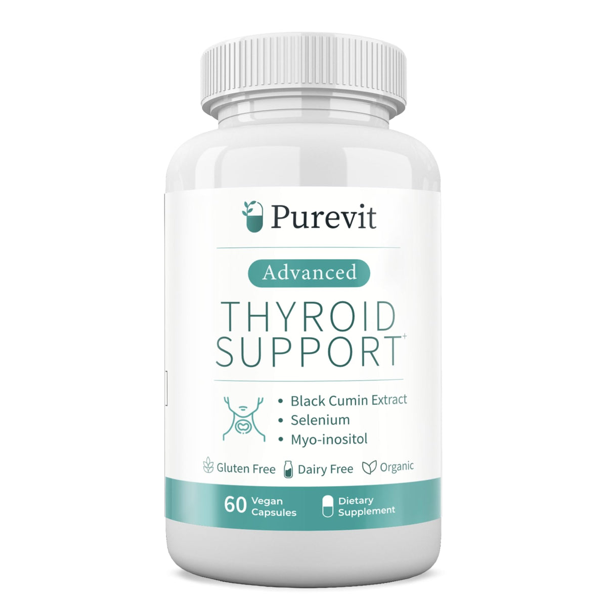 Purevit Thyroid Support – bouteille affichée, soutien thyroïdien quotidien sans iode.