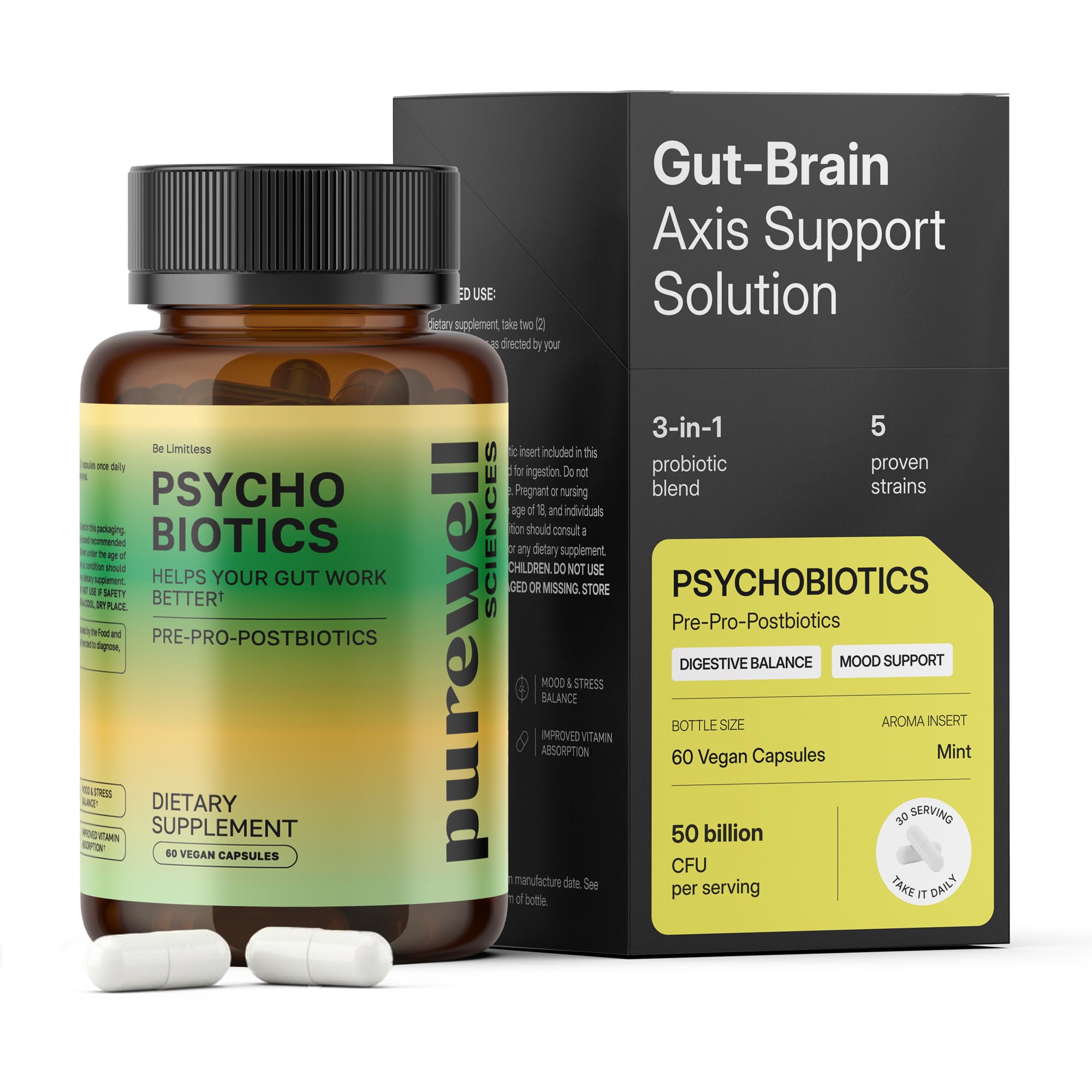 PUREWELL SCIENCES Psychobiotics, bouteille-probiotiques, soutien digestif potentiel.