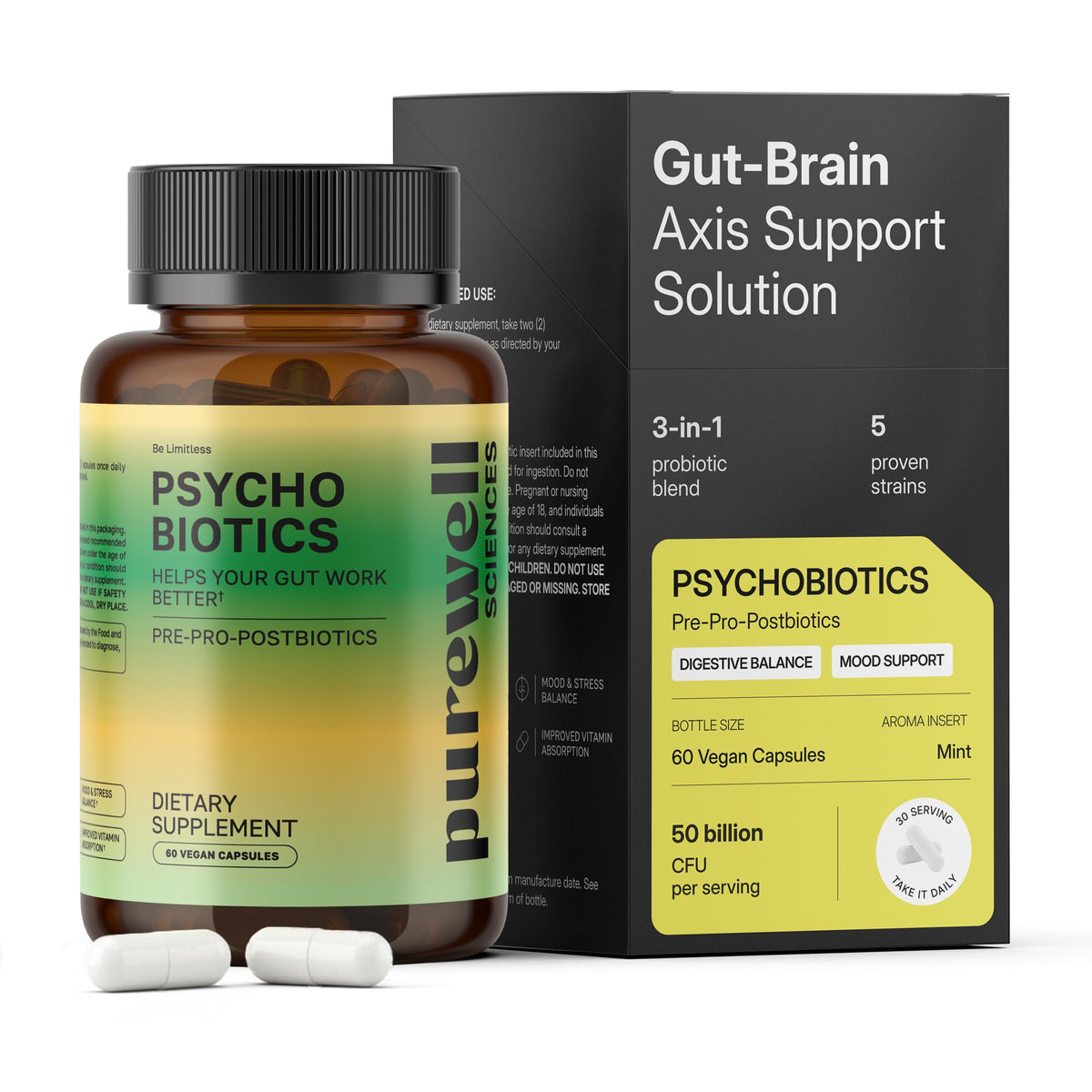 PUREWELL SCIENCES Psychobiotics, bouteille-probiotiques, soutien digestif potentiel.