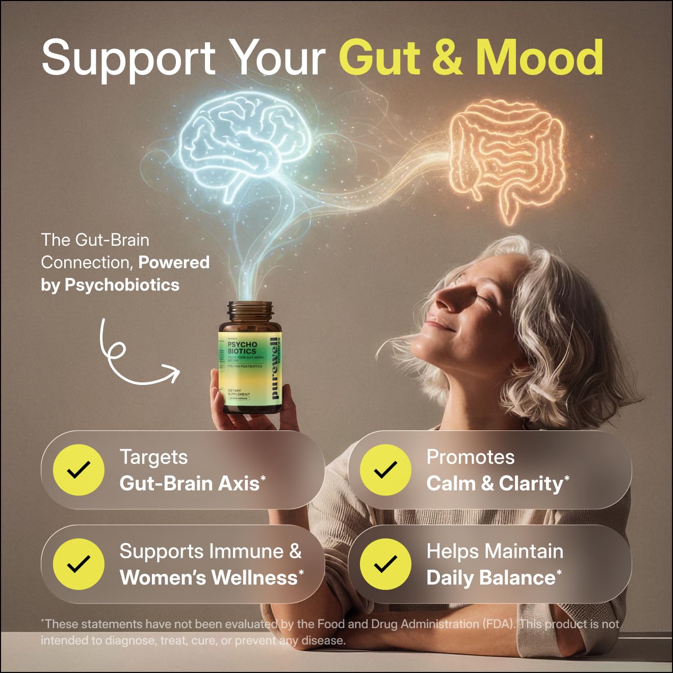 PUREWELL SCIENCES Psychobiotics, emballage végan, pratique et non réfrigéré.