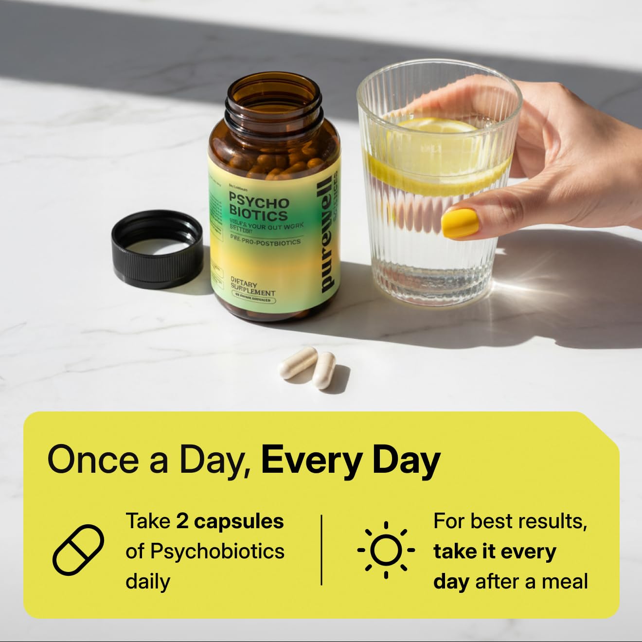 PUREWELL SCIENCES Psychobiotics, utilisation quotidienne facilité par une capsule unique.