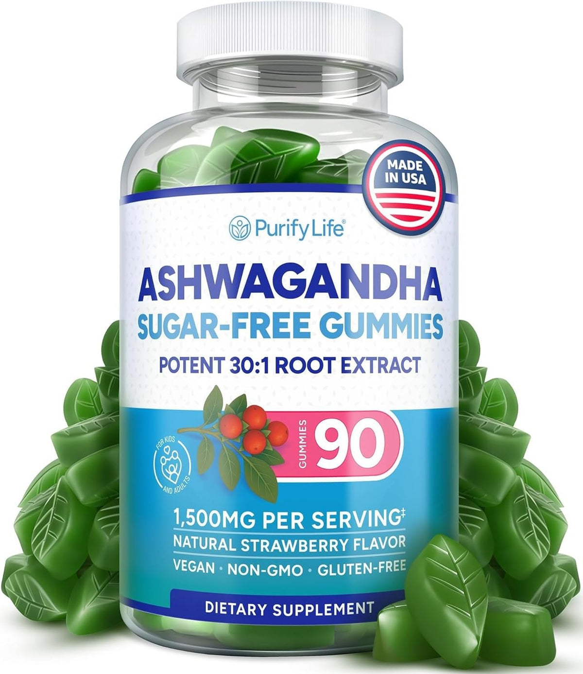 Purify Life gommes Ashwagandha sans sucre pour réduire le stress et favoriser le bien être
