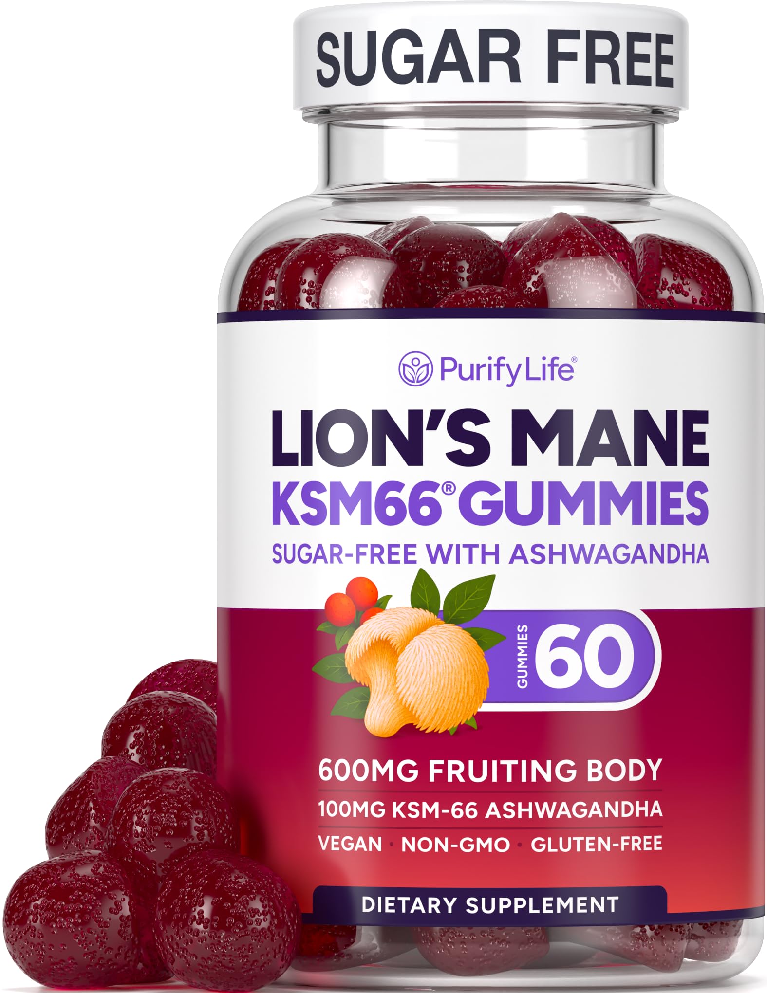 Purify Life gommes criniere-de-lion framboise sur bouteille, soutien potentiel a la clarté mentale.