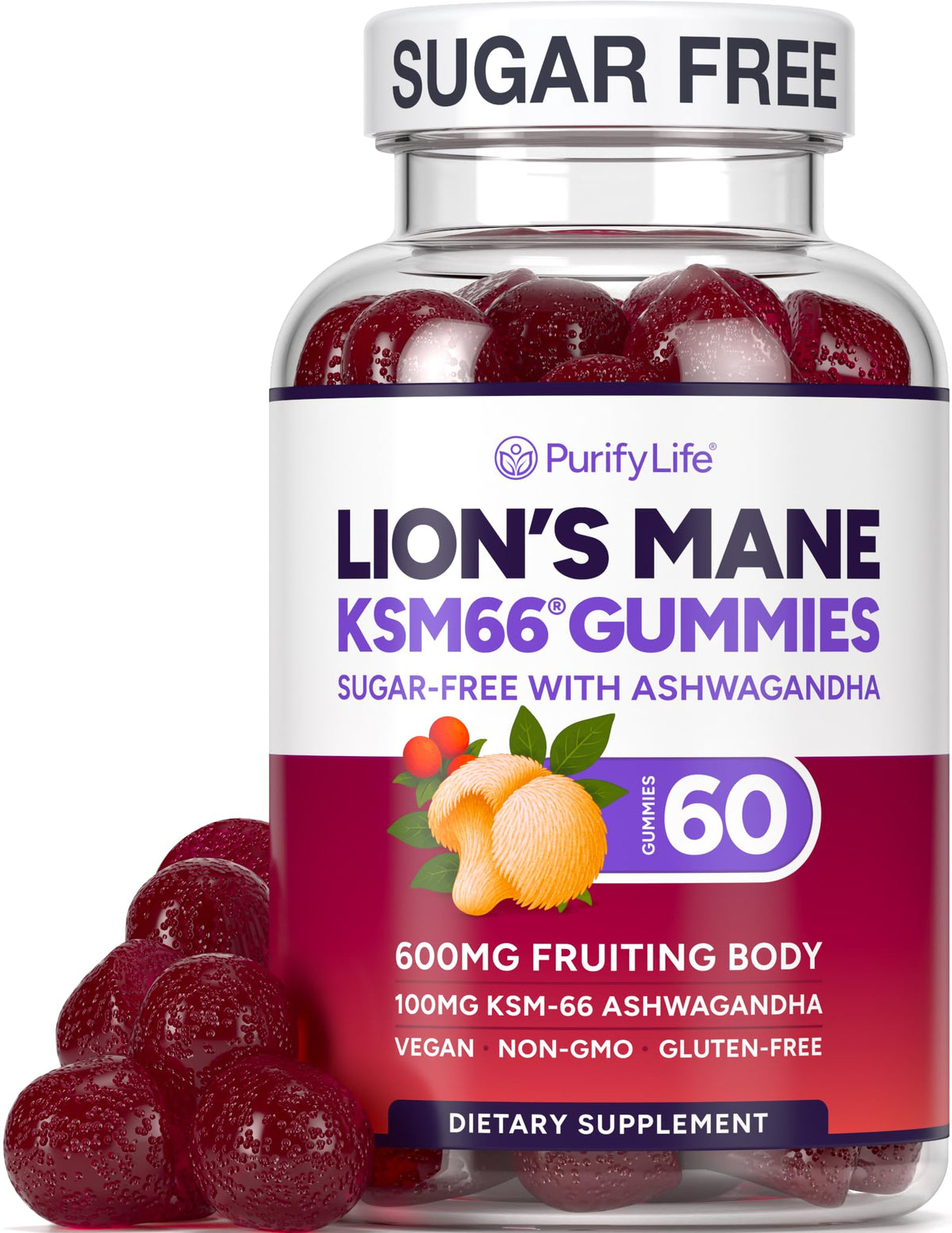 Purify Life gommes criniere-de-lion framboise sur bouteille, soutien potentiel a la clarté mentale.