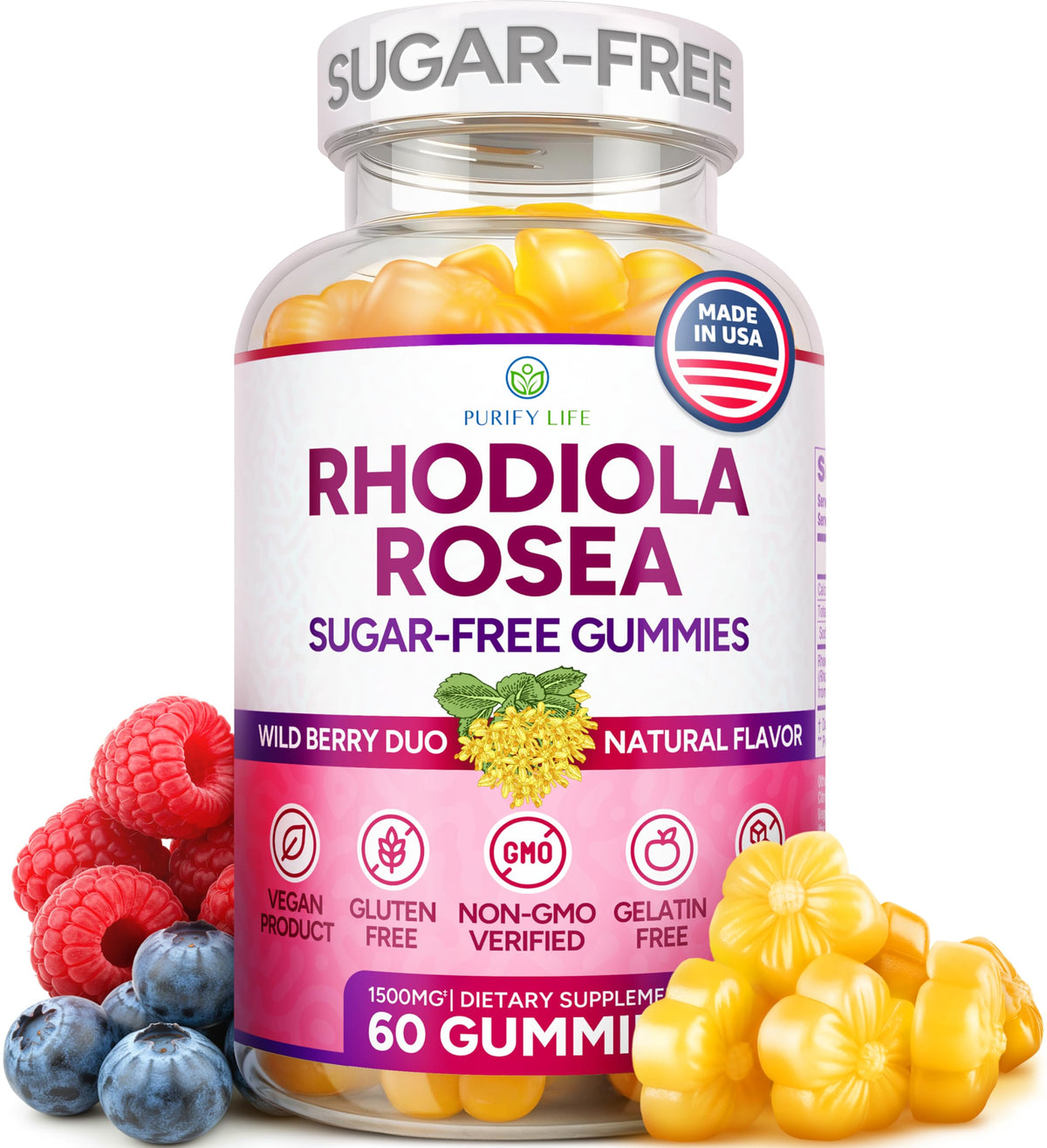 Purify Life Gommes Rhodiola - bouteille: énergie quotidienne sans sucre, prise pratique.
