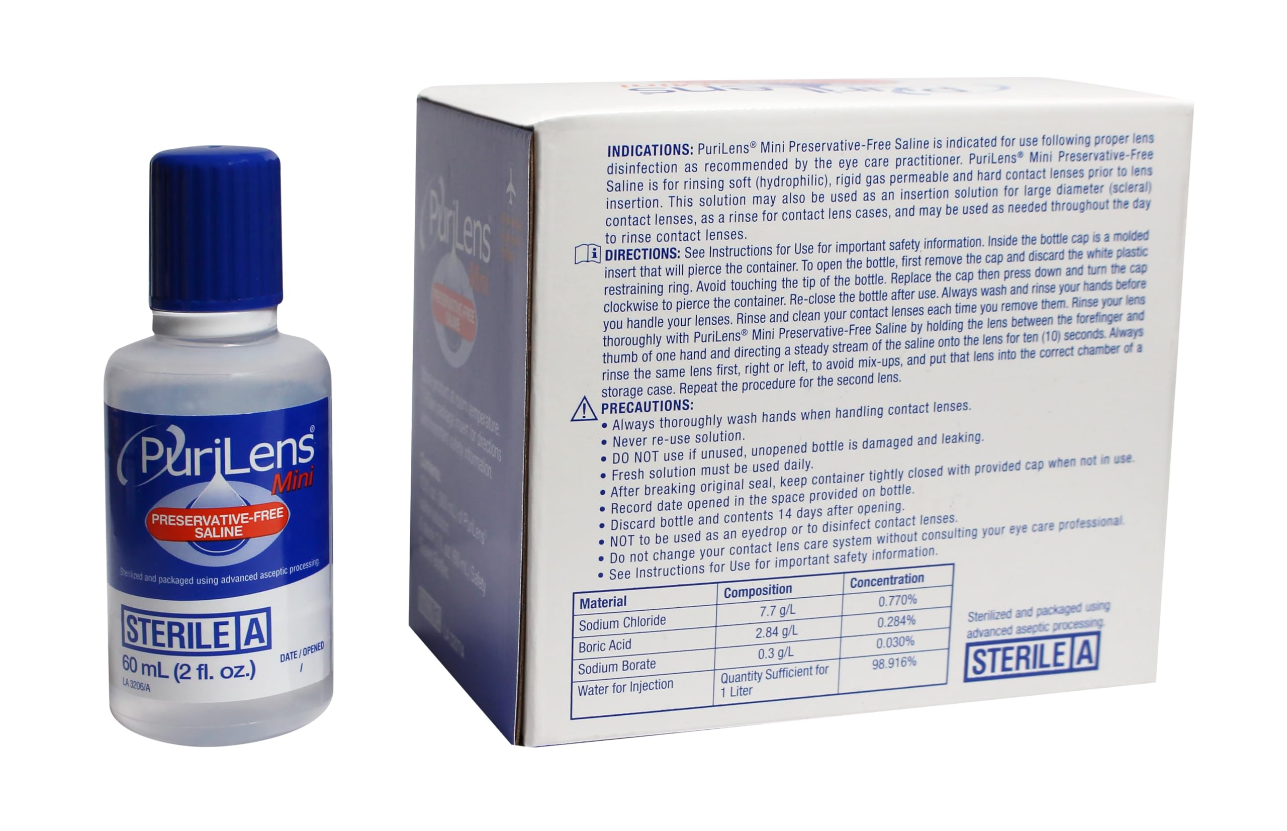 Purilens Mini saline stérile : emballage aseptique pour une solution propre.