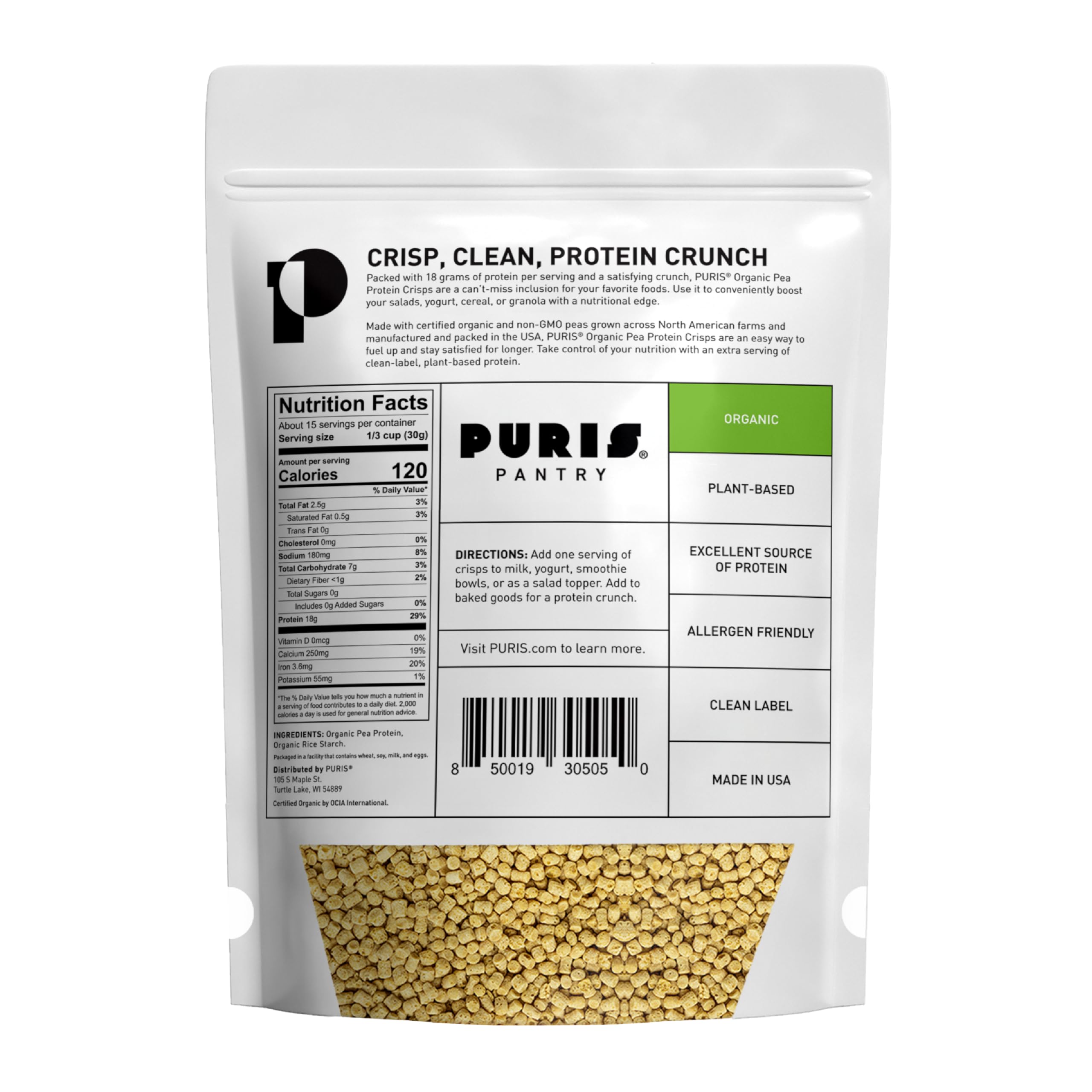 PURIS Chips protéinés de pois bio, bouchée croquante idéale après l'entraînement.