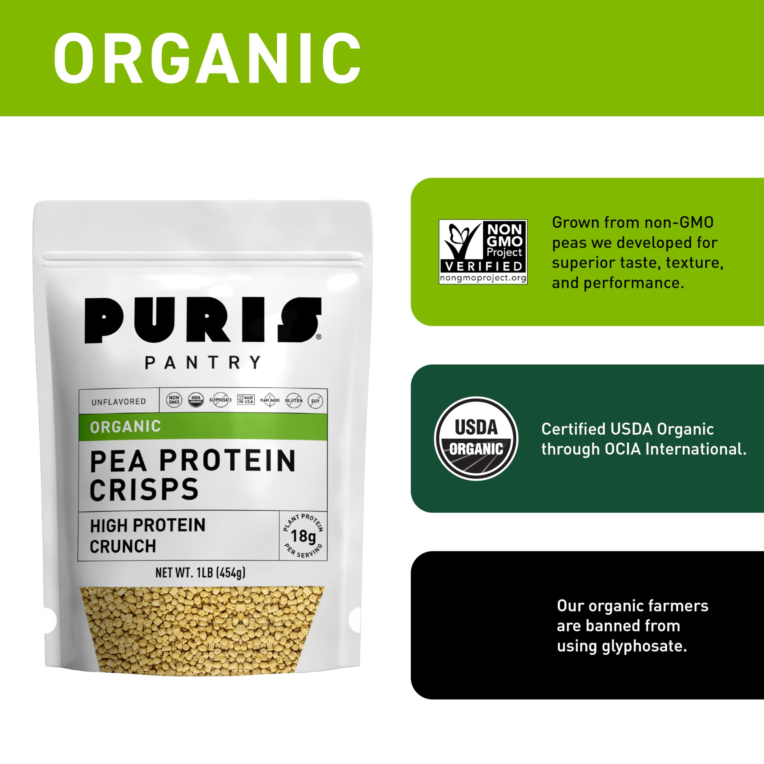 PURIS Chips protéinés de pois bio, sans gluten pour les intolérants.