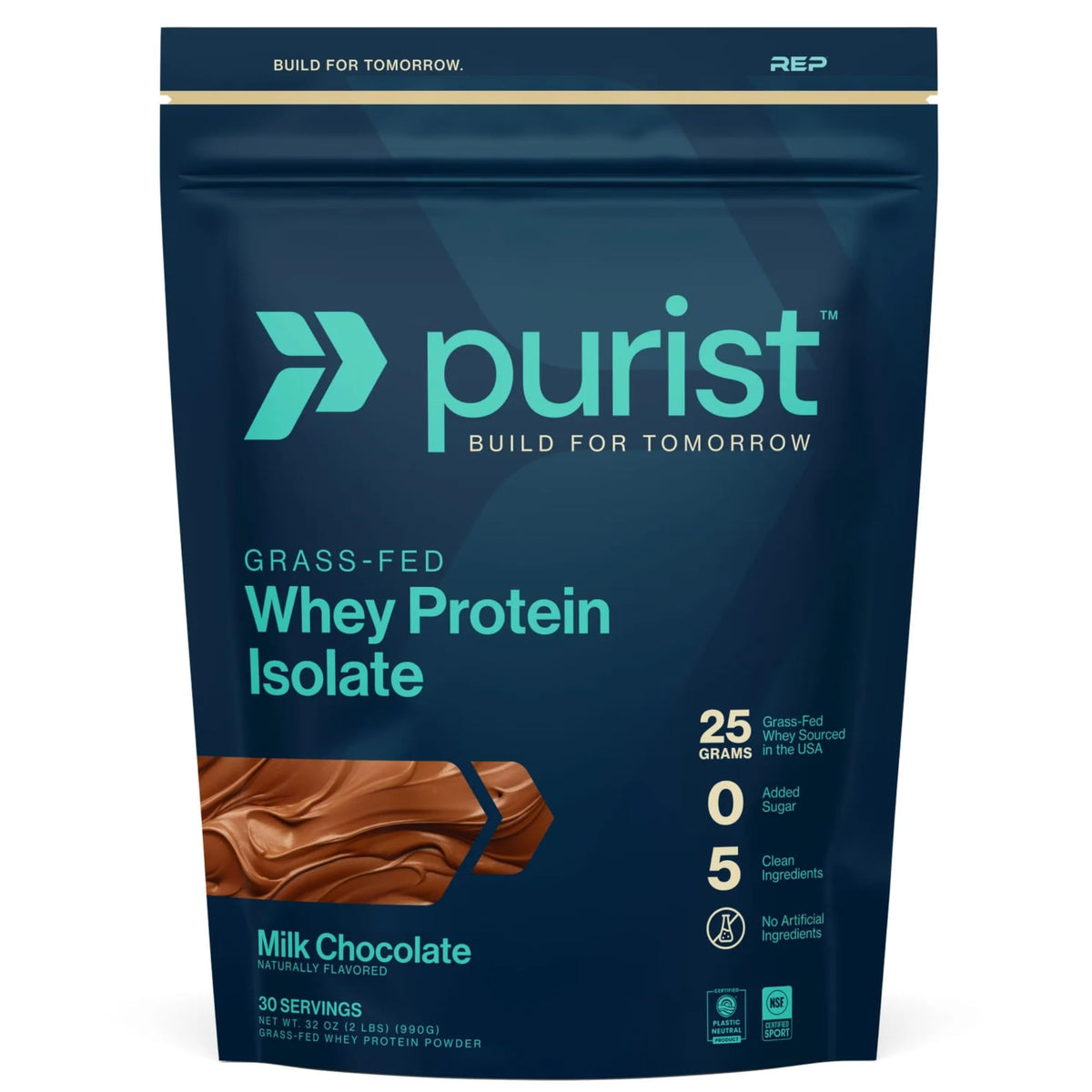 Purist REP Whey Protéine en poudre chocolat lait, idéale pour récupération après entraînement.