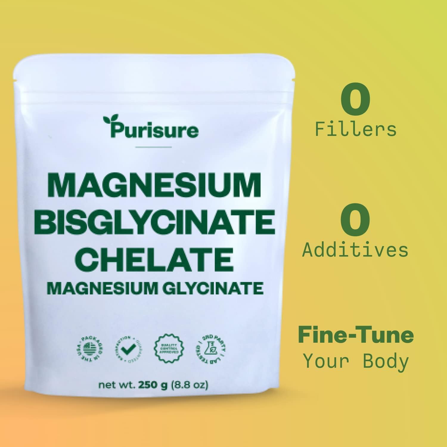 Purisure Magnésium Bisglycinate dans une bouteille, idéale pour une routine quotidienne sans gluten.
