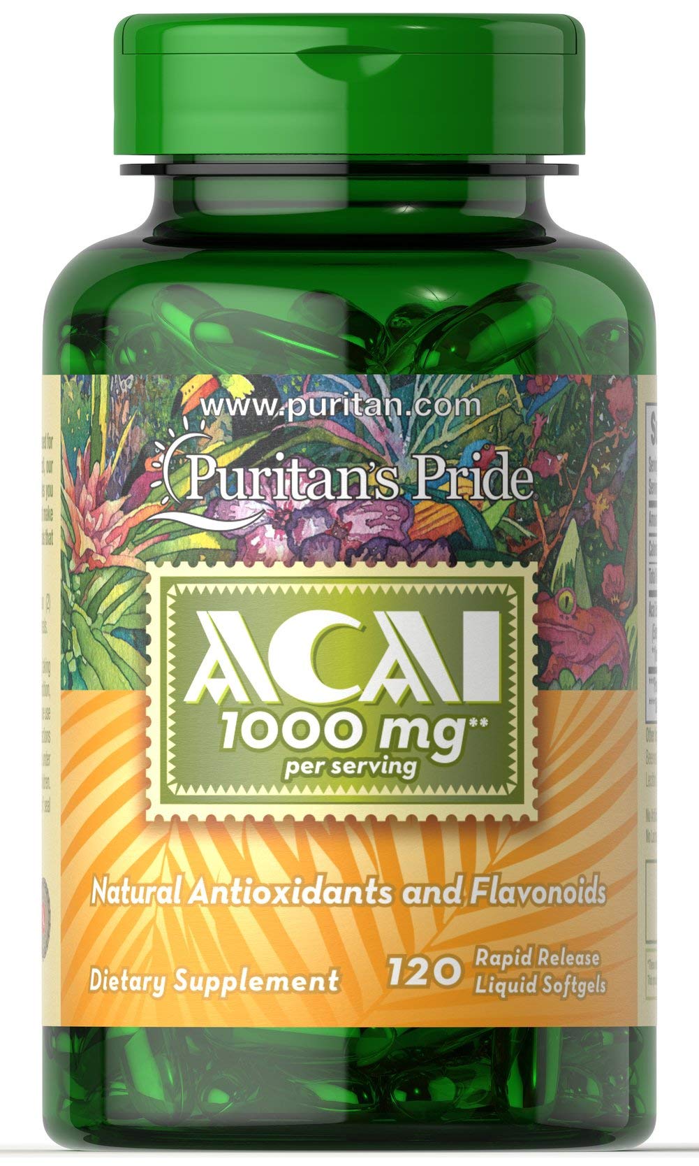 Puritan's Pride Acai 1000 mg, gelules liquides, soutien bien-être et énergie durable.