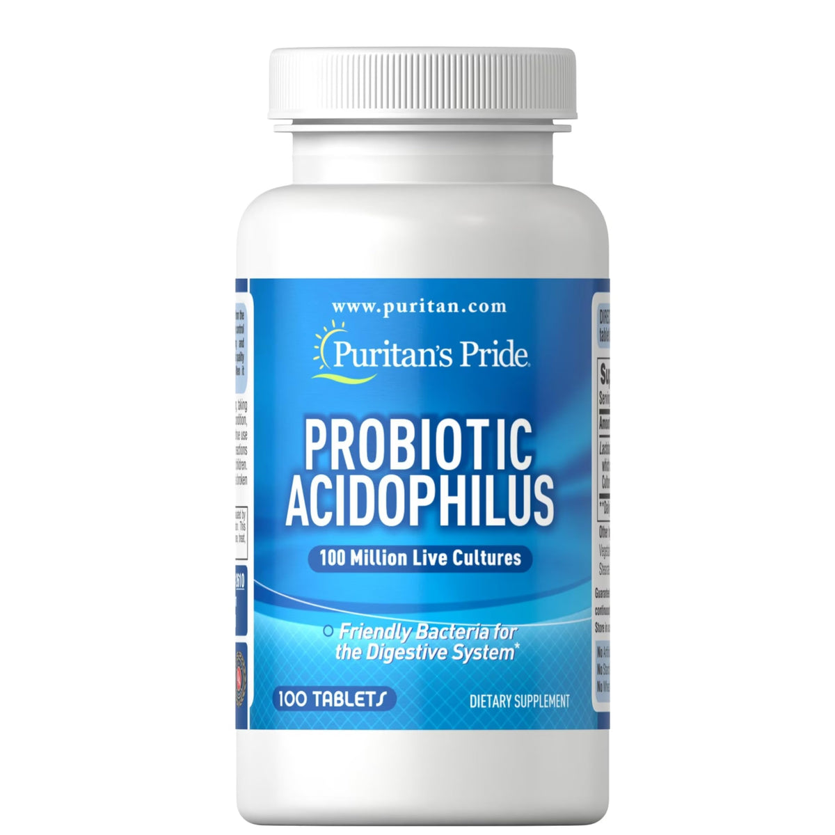 Puritan's Pride Acidophilus – comprimés blancs en boîte, soutien digestif potentiel.
