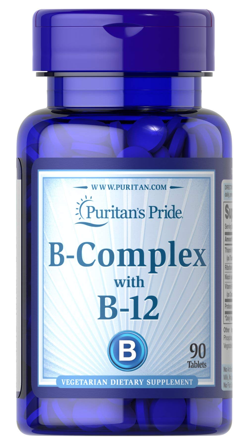Puritan's Pride B-Complex et B-12 — emballage clair, soutien potentiel à l'énergie.