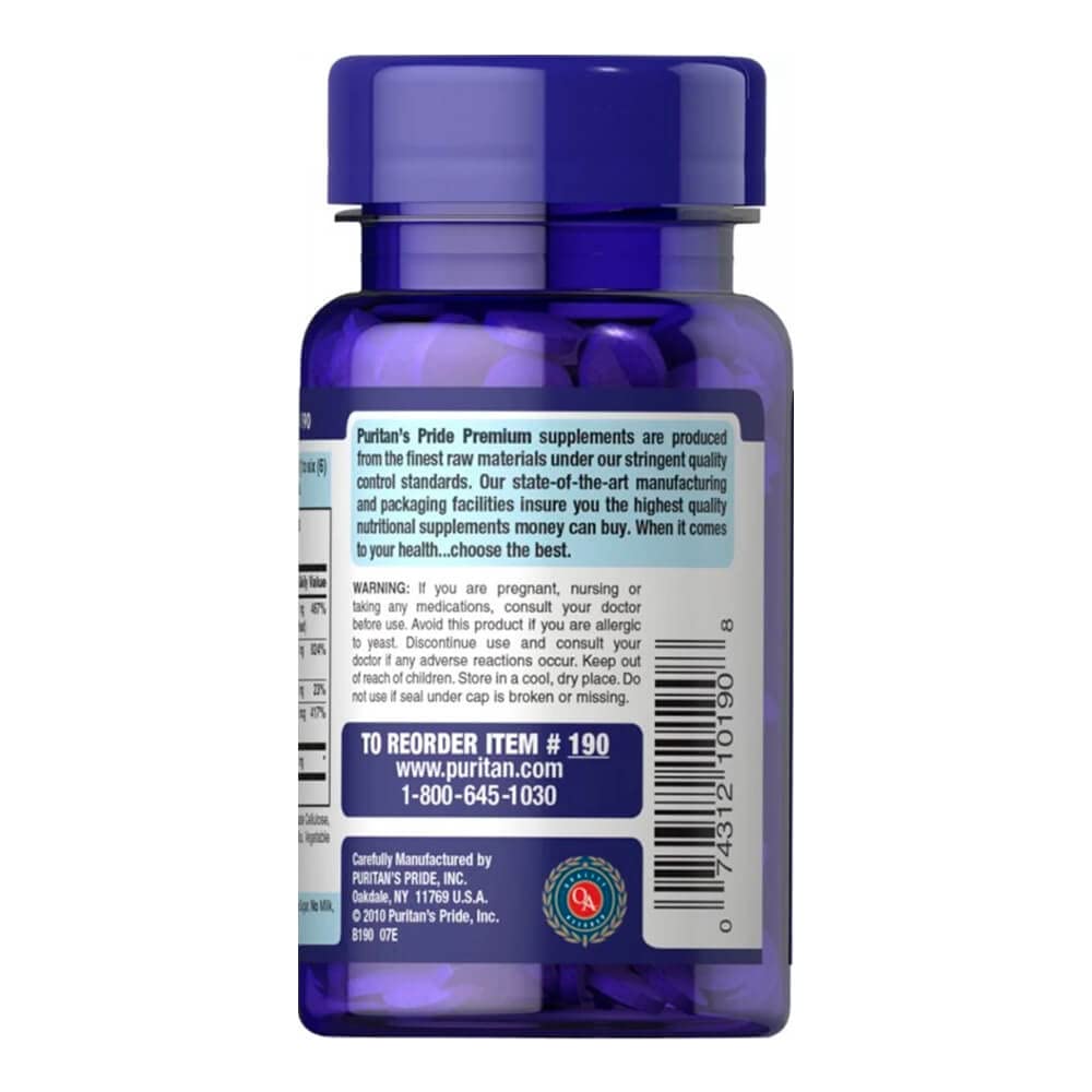 Puritan's Pride B-Complex et B-12 — liste d'ingrédients claire et sans additifs.