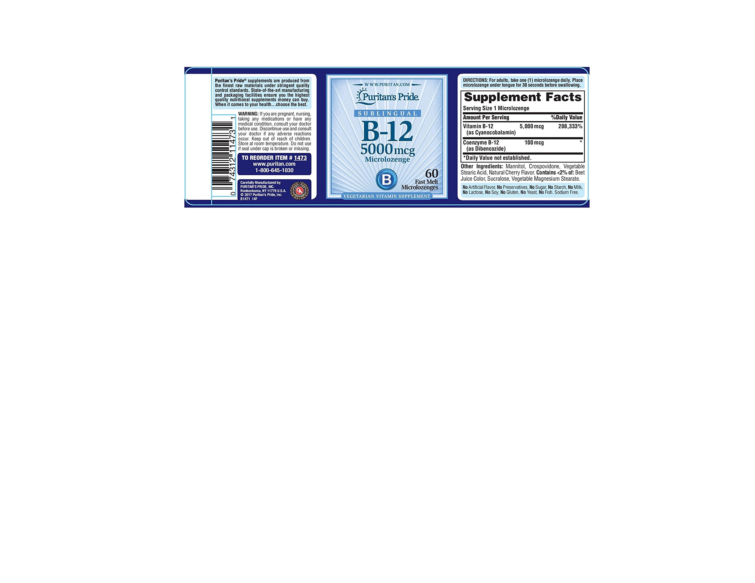Puritan's Pride B12 en bouteille, 60 microlozenges pour soutien quotidien.