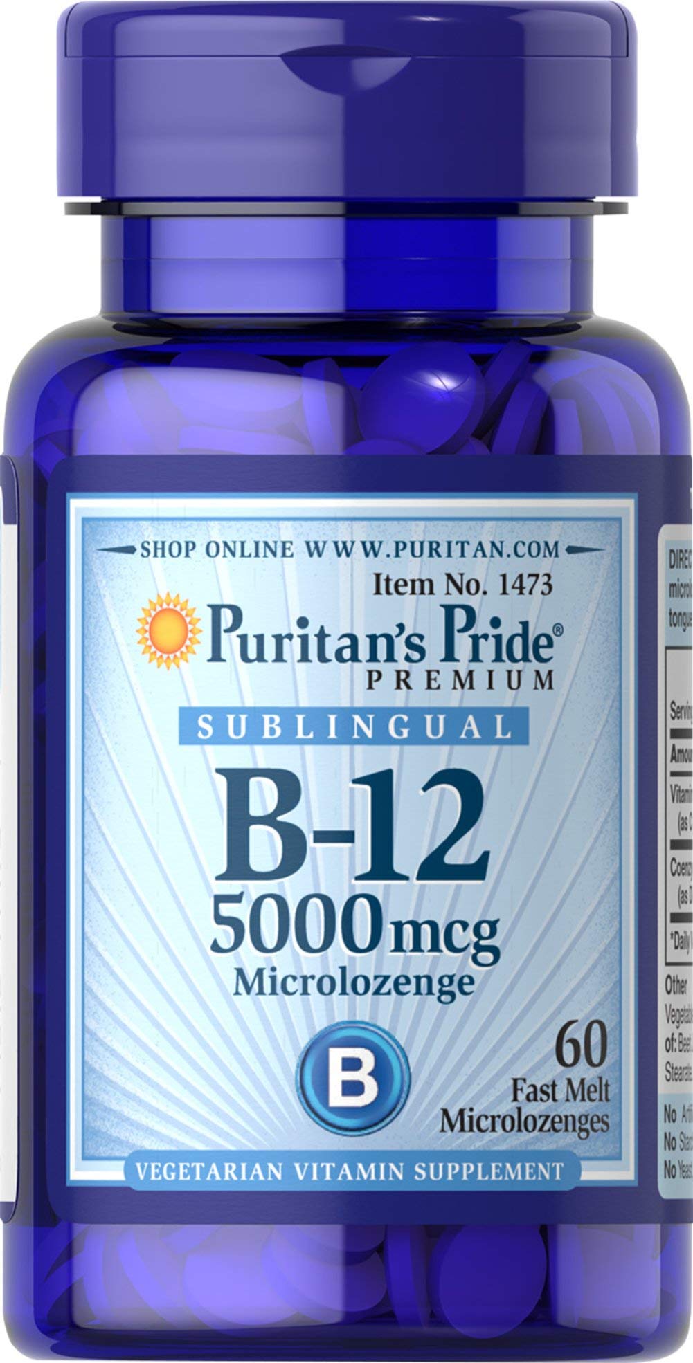 Puritan's Pride B12 microlozenge sous langue, énergie potentielle et absorption rapide.