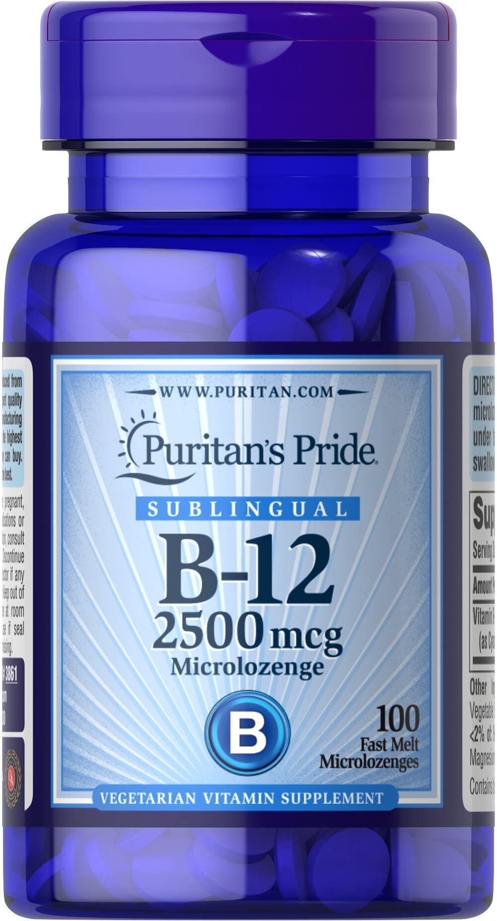 Puritan's Pride B12 pastilles sublinguales, flacon visible, énergie potentielle.