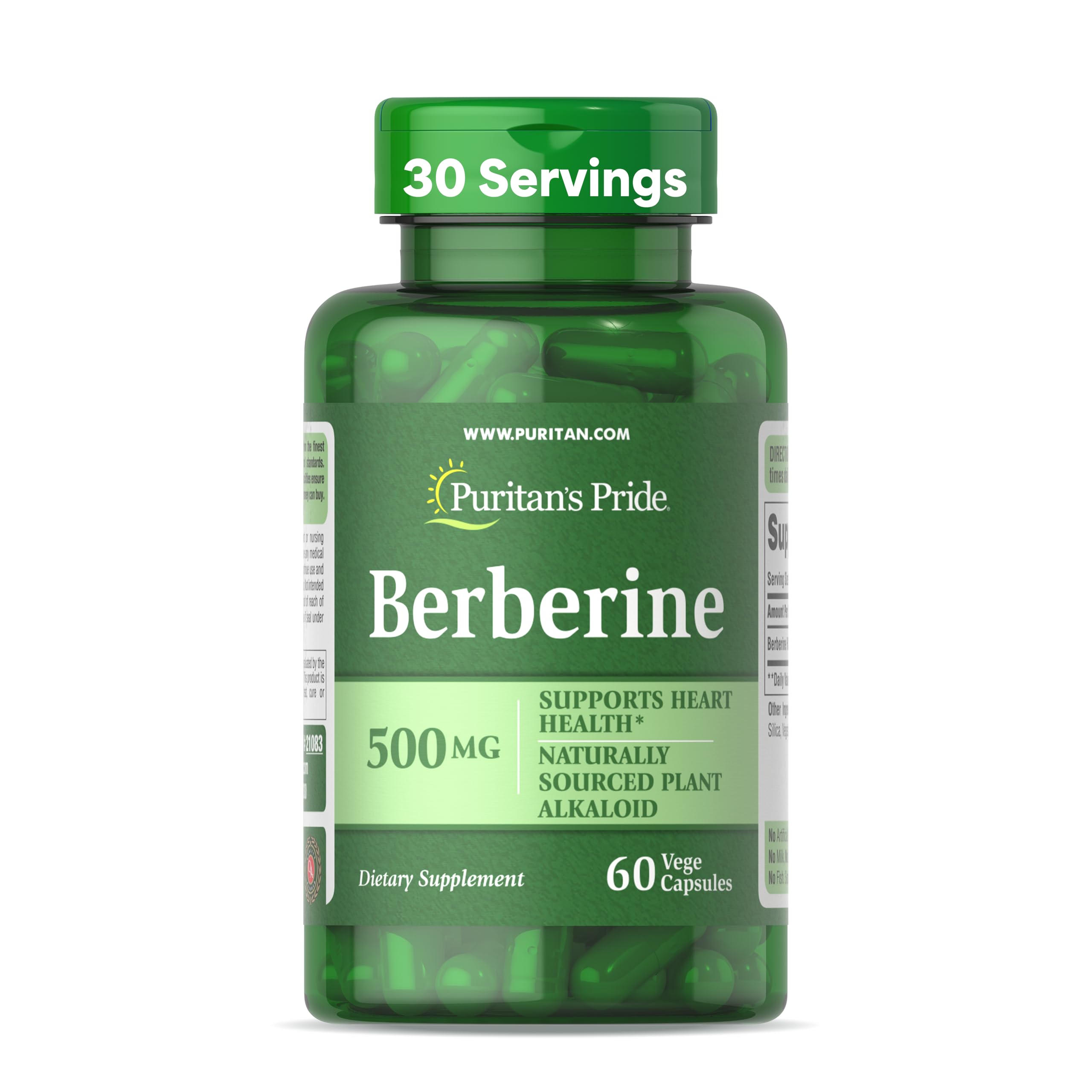 Puritan's Pride Berberine 500 mg capsules, flacon pratique pour soutien métabolique potentiel.