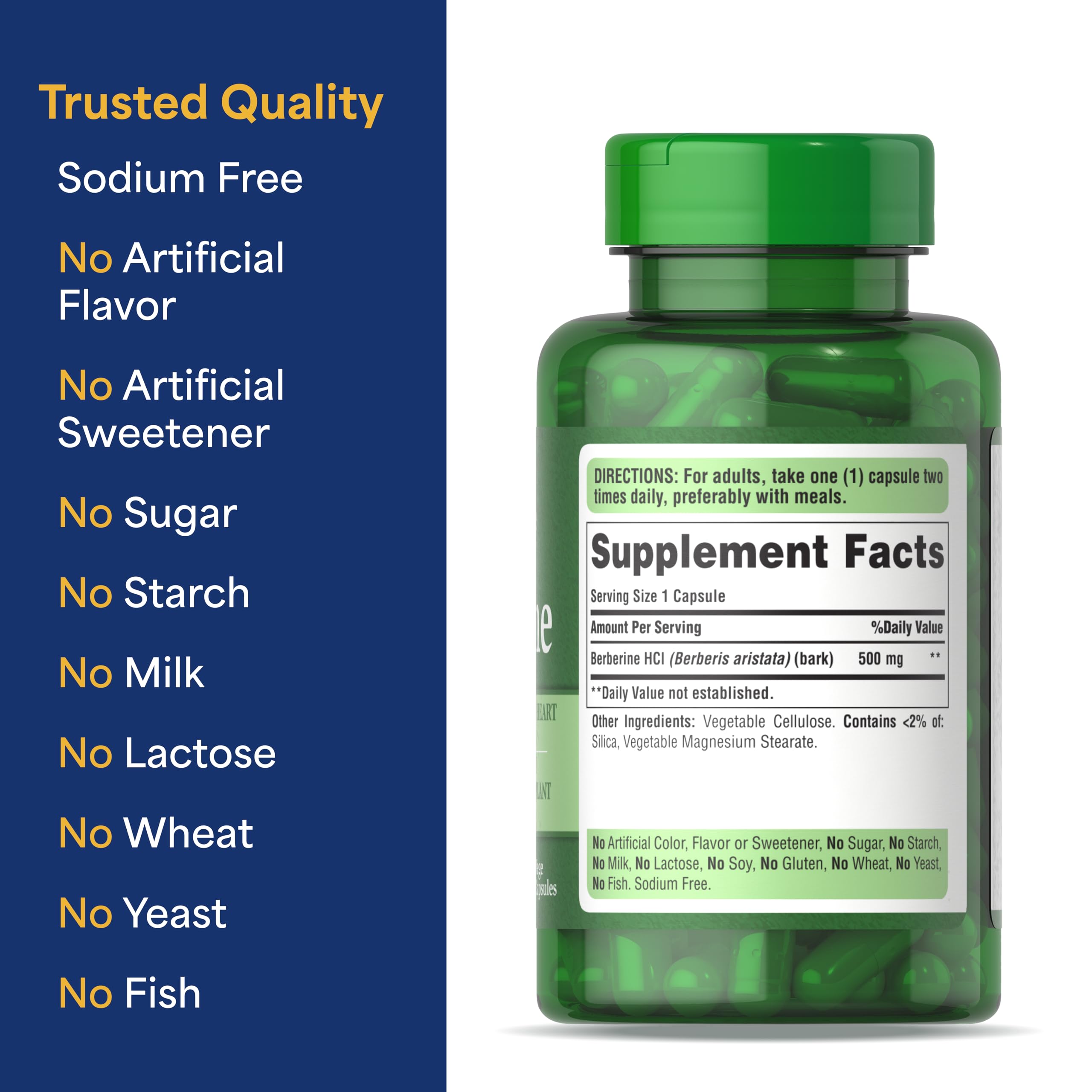Puritan's Pride Berberine 500 mg gros plan sur l'étiquette, informations claires.