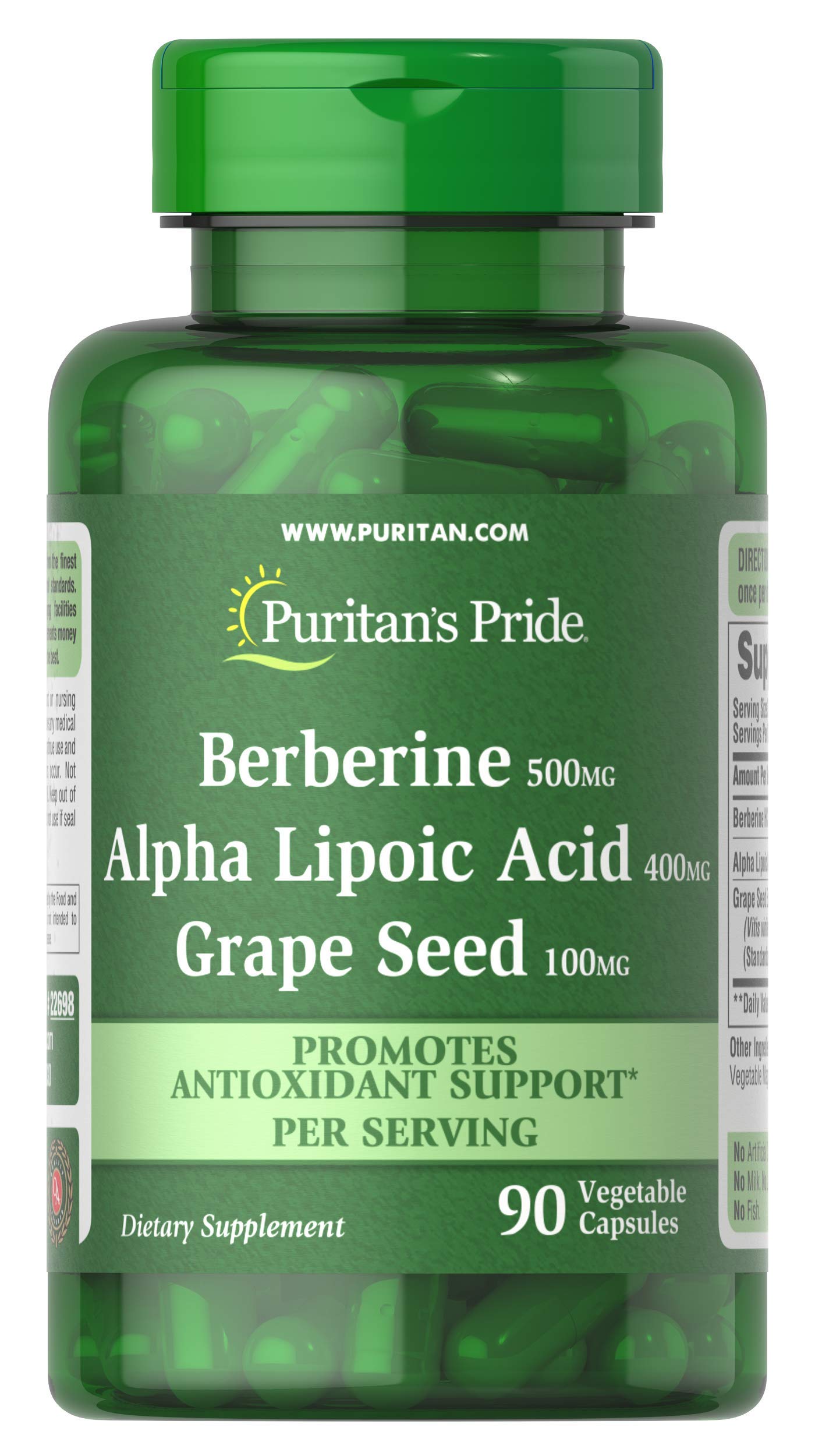 Puritan's Pride Berberine-ALA-Graine de Vigne — bouteille et gélules, soutien antioxydant potentiel.