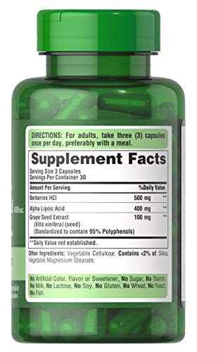 Capsules Puritan's Pride Berberine-ALA-Graine de Vigne, format pratique pour un apport quotidien.