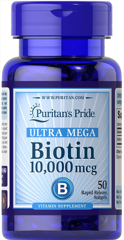 Puritan's Pride Biotine Ultra Mega 10000 mcg, gélules faciles à avaler, soutien potentiel à la peau et cheveux.