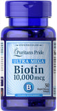 Puritan's Pride Biotine Ultra Mega 10000 mcg, gélules faciles à avaler, soutien potentiel à la peau et cheveux.