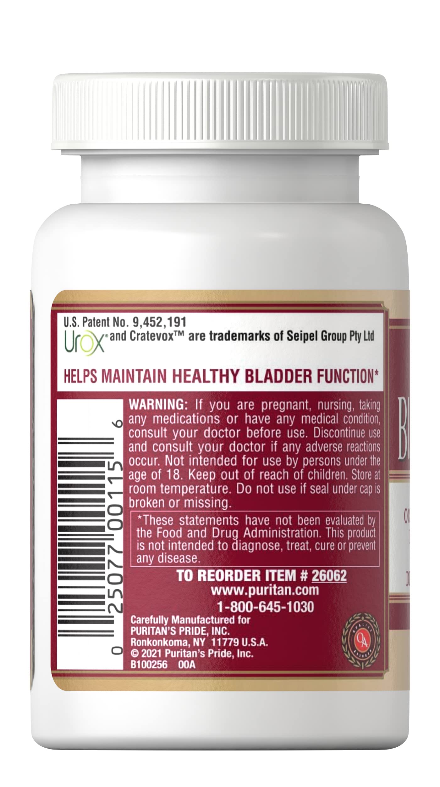 Puritan's Pride Bladder Assist – étiquette lisible pour repérage rapide du produit.