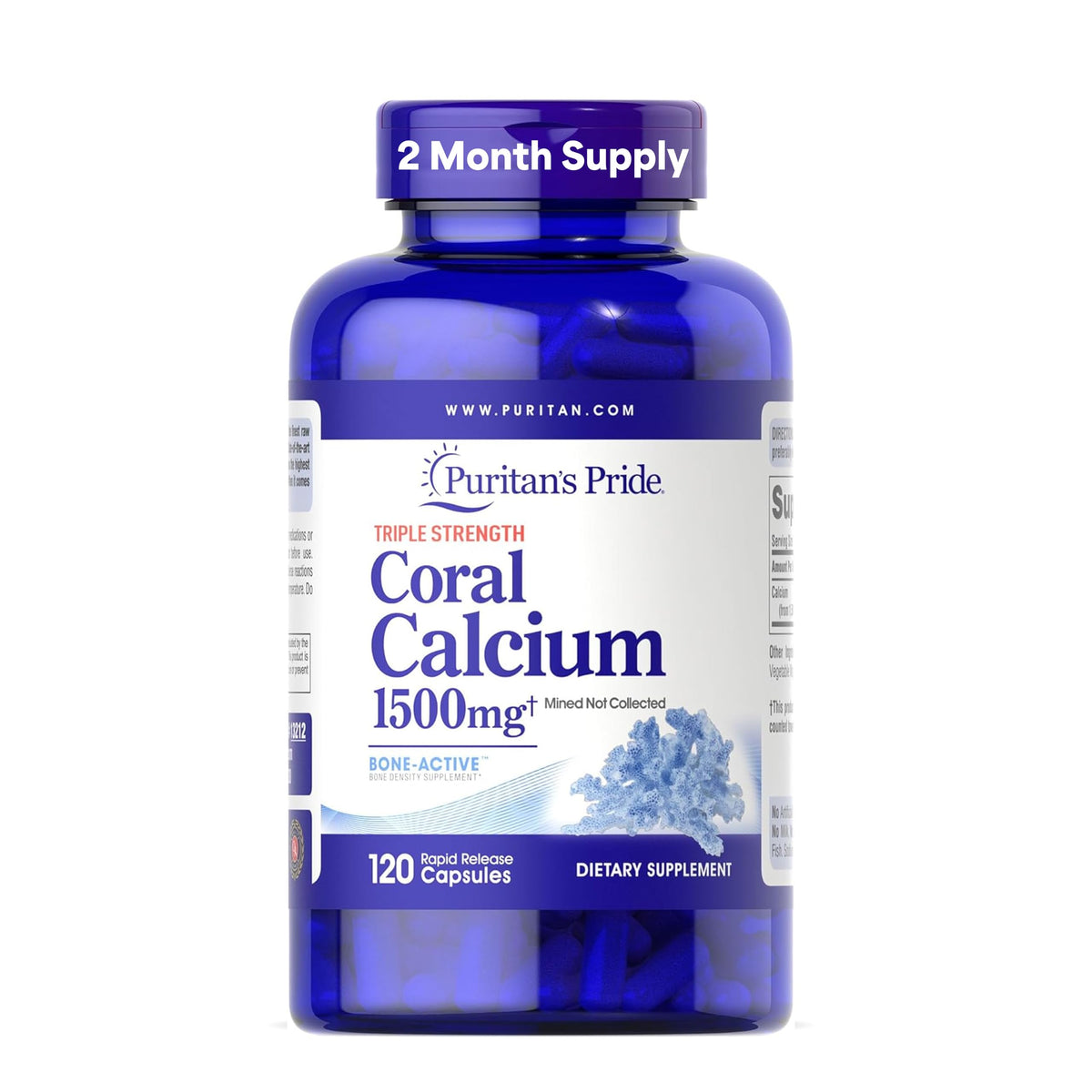 Puritan's Pride Calcium Coral 1500 mg – bouteille pour soutien osseux et cœur.