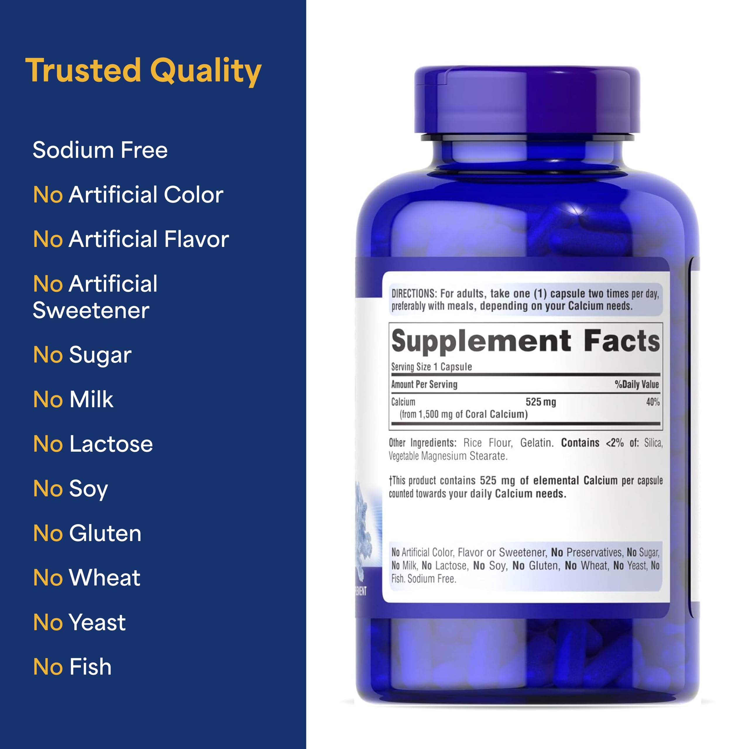 Puritan's Pride Calcium Coral 1500 mg – emballage compact pour rangement facile.