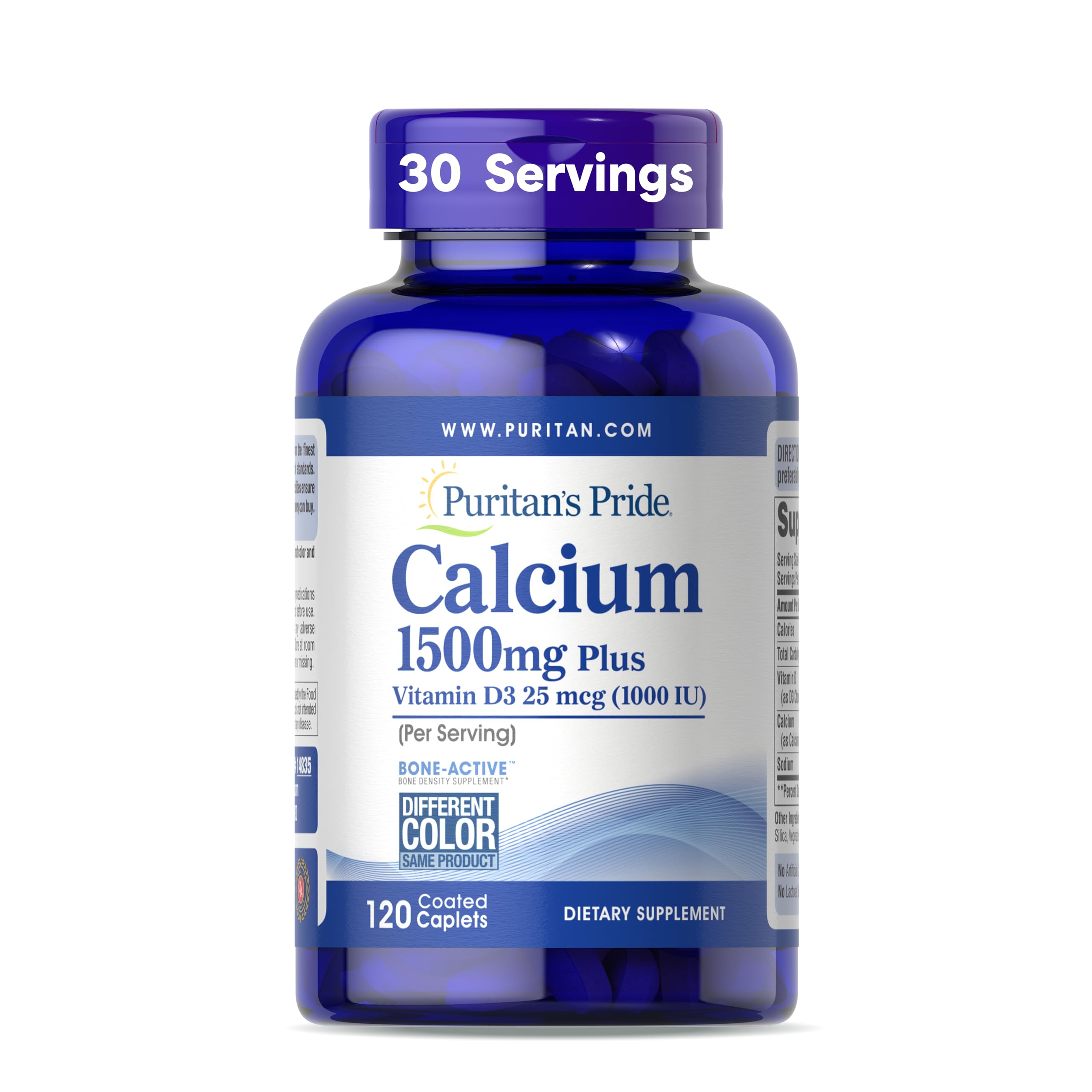 Puritan's Pride calcium et D3 caplets dans la bouteille, soutien potentiel pour les os.