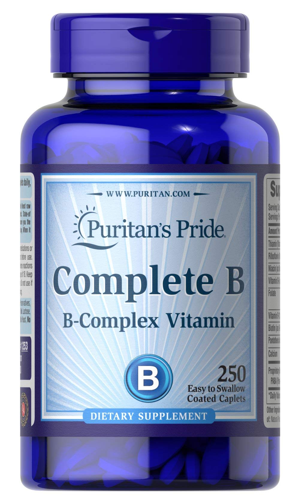 Puritan's Pride Complete B Complex caplets sur bouteille, soutien potentiel au métabolisme énergétique