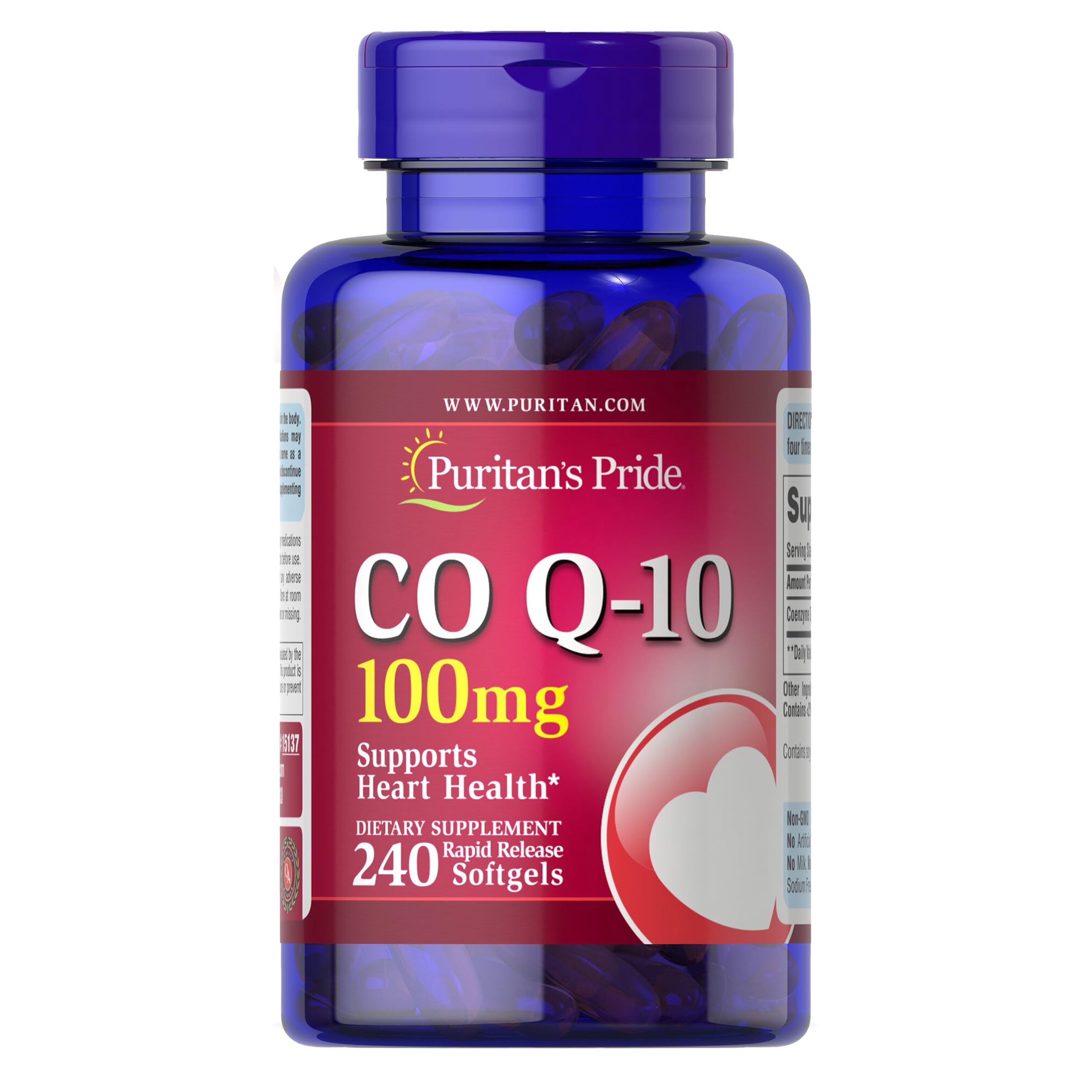 Puritan's Pride CoQ10 - bouteille avec gélules faciles à avaler et dosage clair.