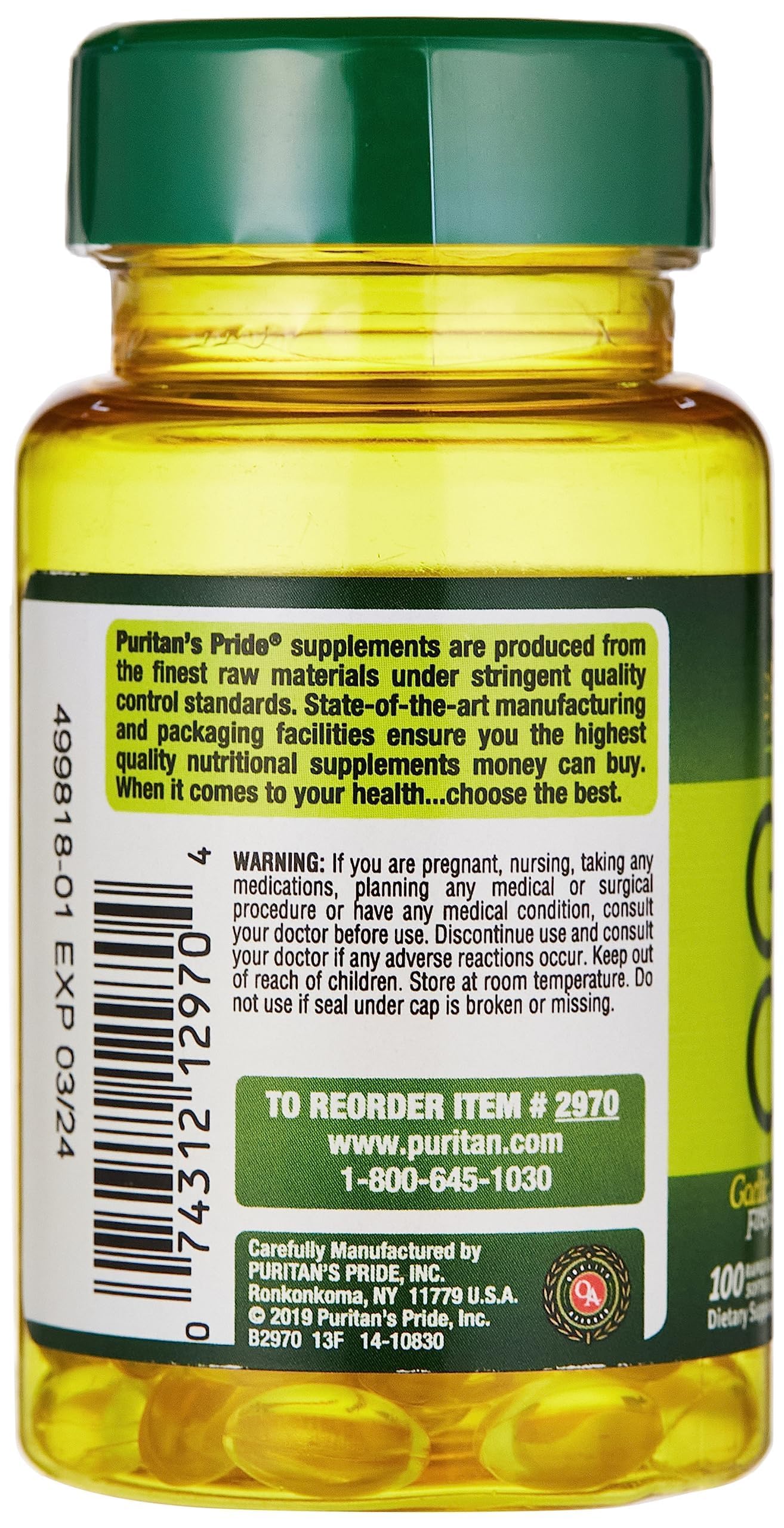 Puritan's Pride étiquette ail — informations claires sur les ingrédients et l’usage.